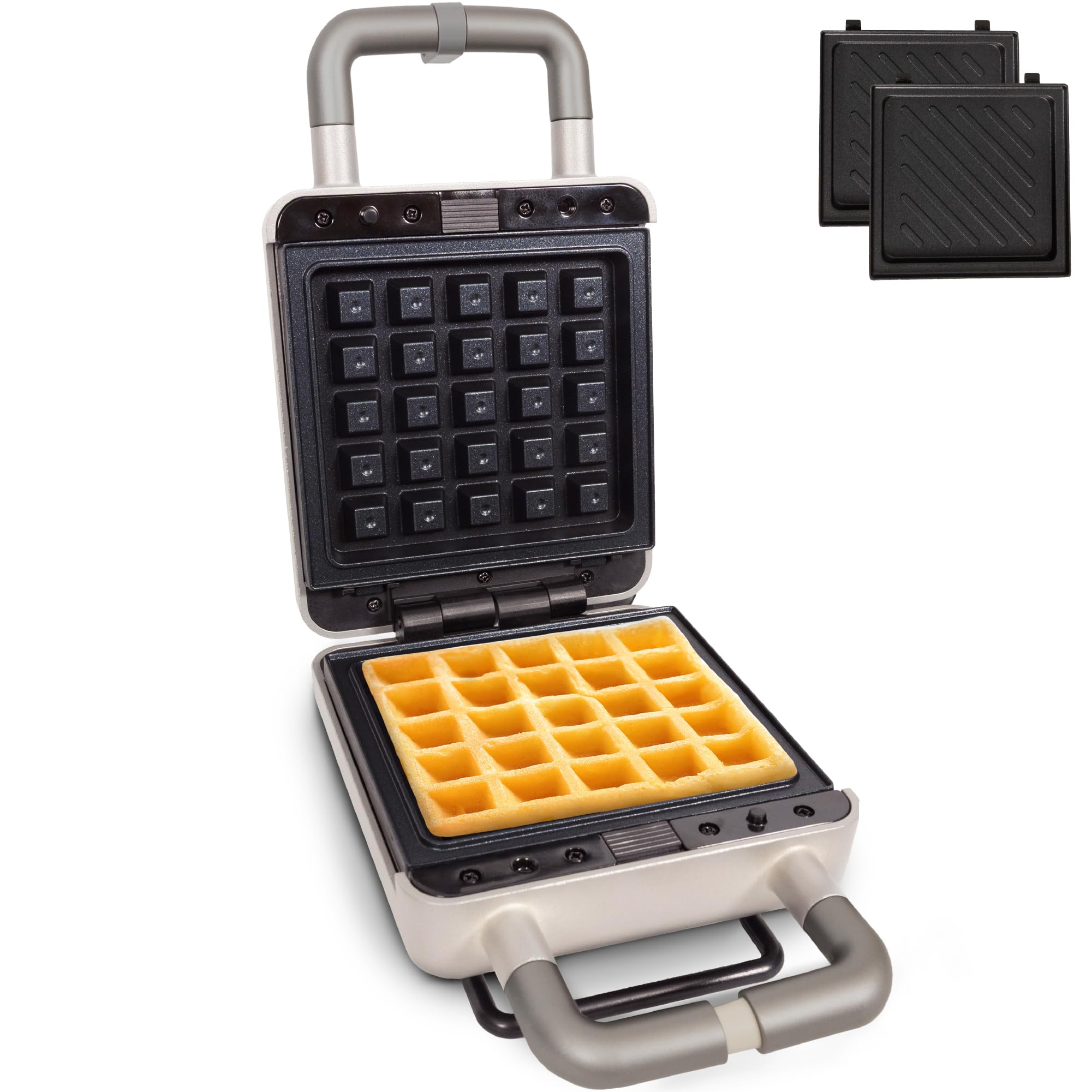 Gadgy 2-in-1 Waffel- & Sandwichmaker mit austauschbaren Platten – Antihaftbeschichtet, Thermostatregelung, Kontrollleuchten, Kabelaufwicklung – Matt Silber – Kompaktes Design mit Anti-Rutsch-Füßen