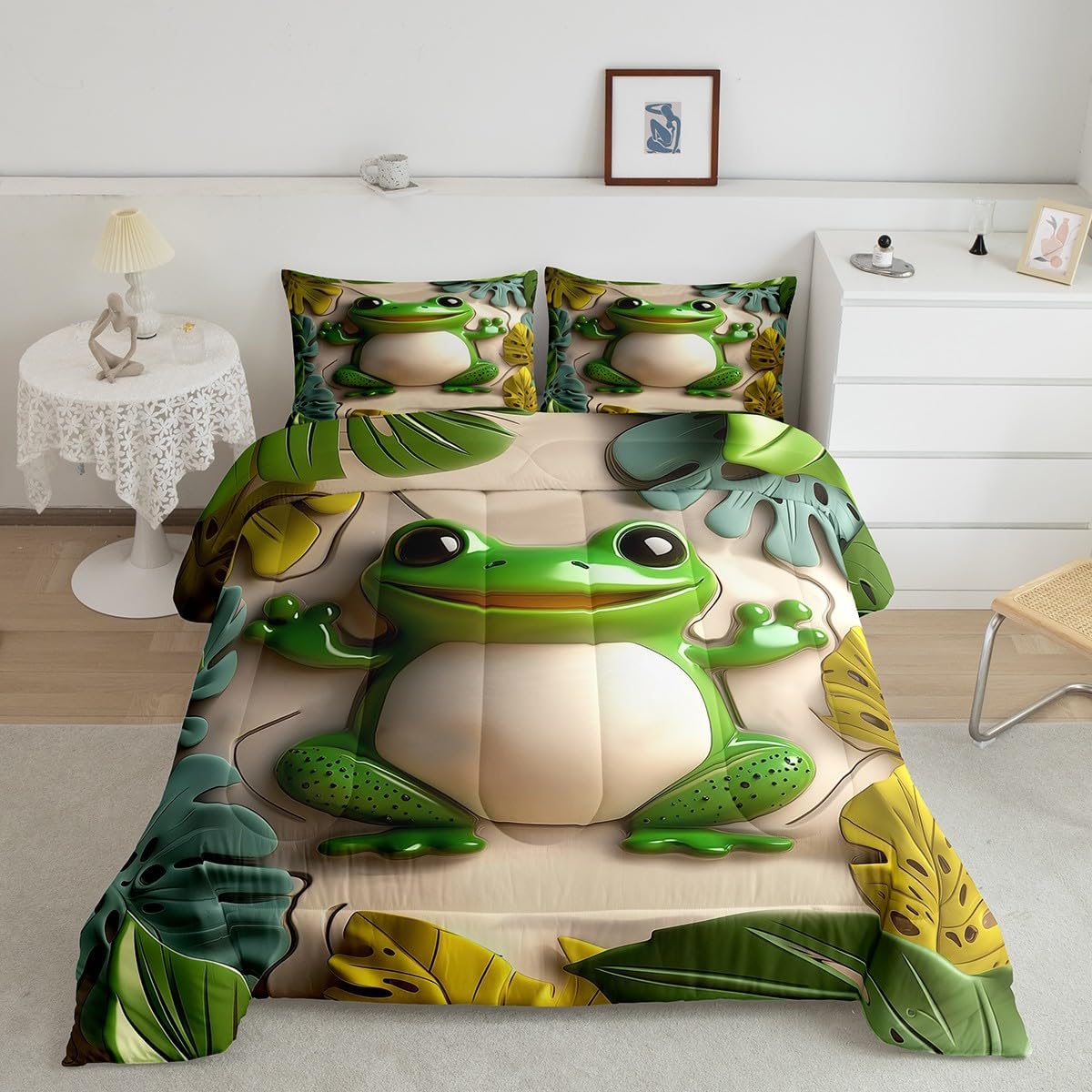 Funny Frog Kids Bedding Comforter Set Toddler Size,Jungle Pand Animals Bedding Sets All Season,Green Tropical Palm Leaves Bedroom Quilt Set,Watercolor Cartoon Aniamls Duvet Insert,1 Pillowcase