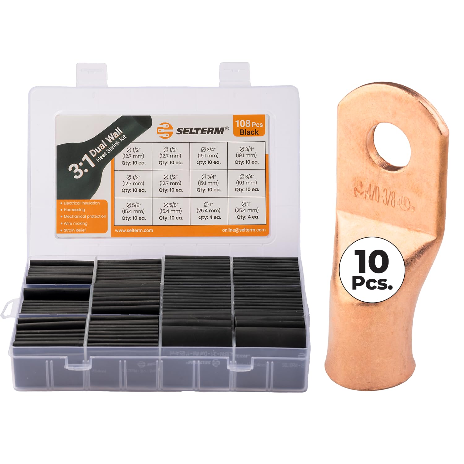 SELTERM 10pcs 4/0 AWG - 3/8" Stud Bare Copper Wire Lugs & Large Size Black 108 Pcs 3:1 Dual Wall Adhesive Line Heat Shrink Tubing Kit 1, 3/4, 1/2, 5/8 Inch Assortment Kit