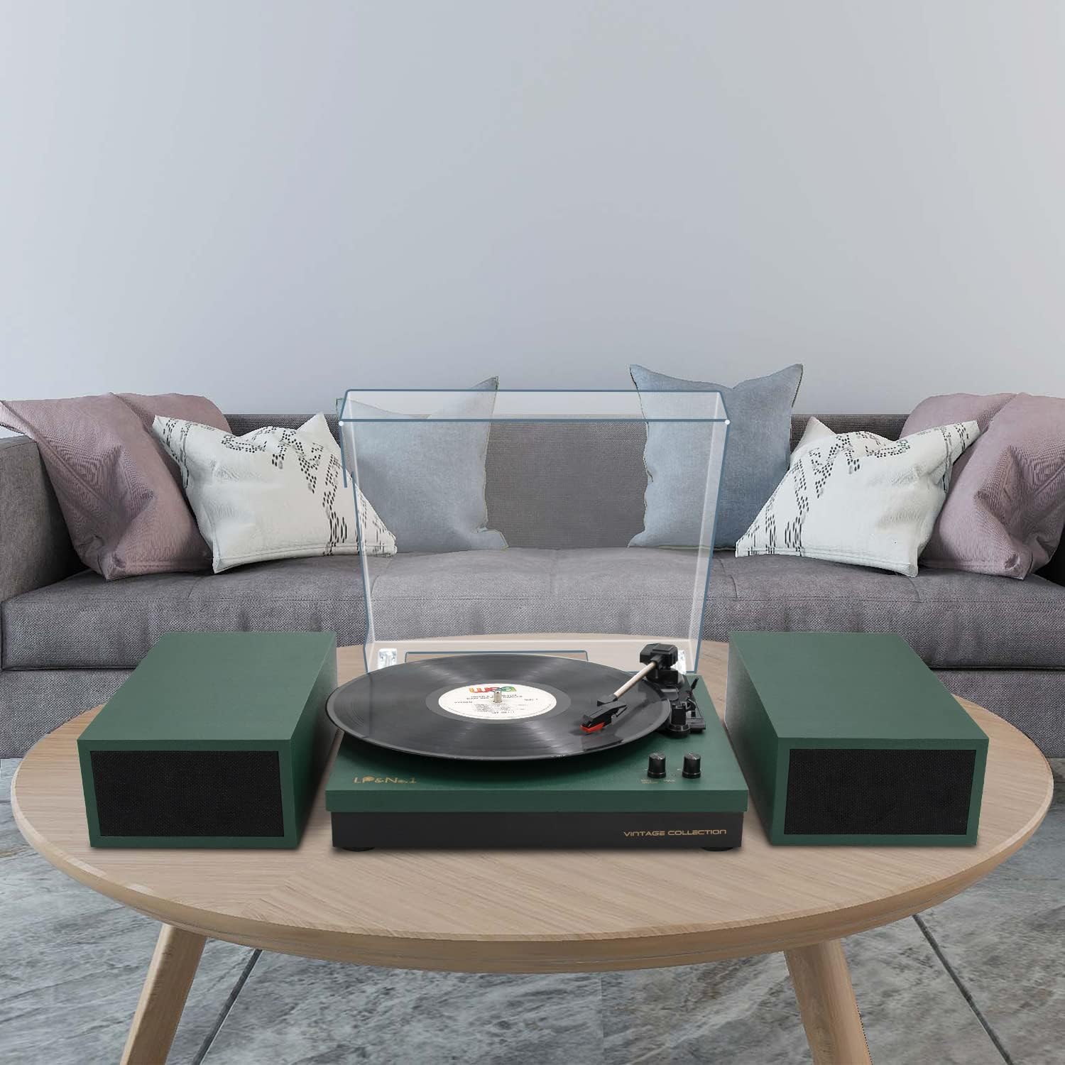 LP&No.1 Record Player with Stereo Bookshelf Speakers, Vintage 3-Speed Belt Drive Turntable, Wireless Input, RCA Output, Auto Stop Function | Dark Green - Image 7