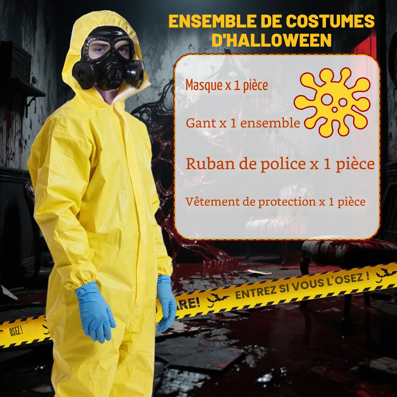 Costume d'Halloween Hazmat, combinaison jaune à capuche avec gants, masque et cordon pour déguisement, cosplay