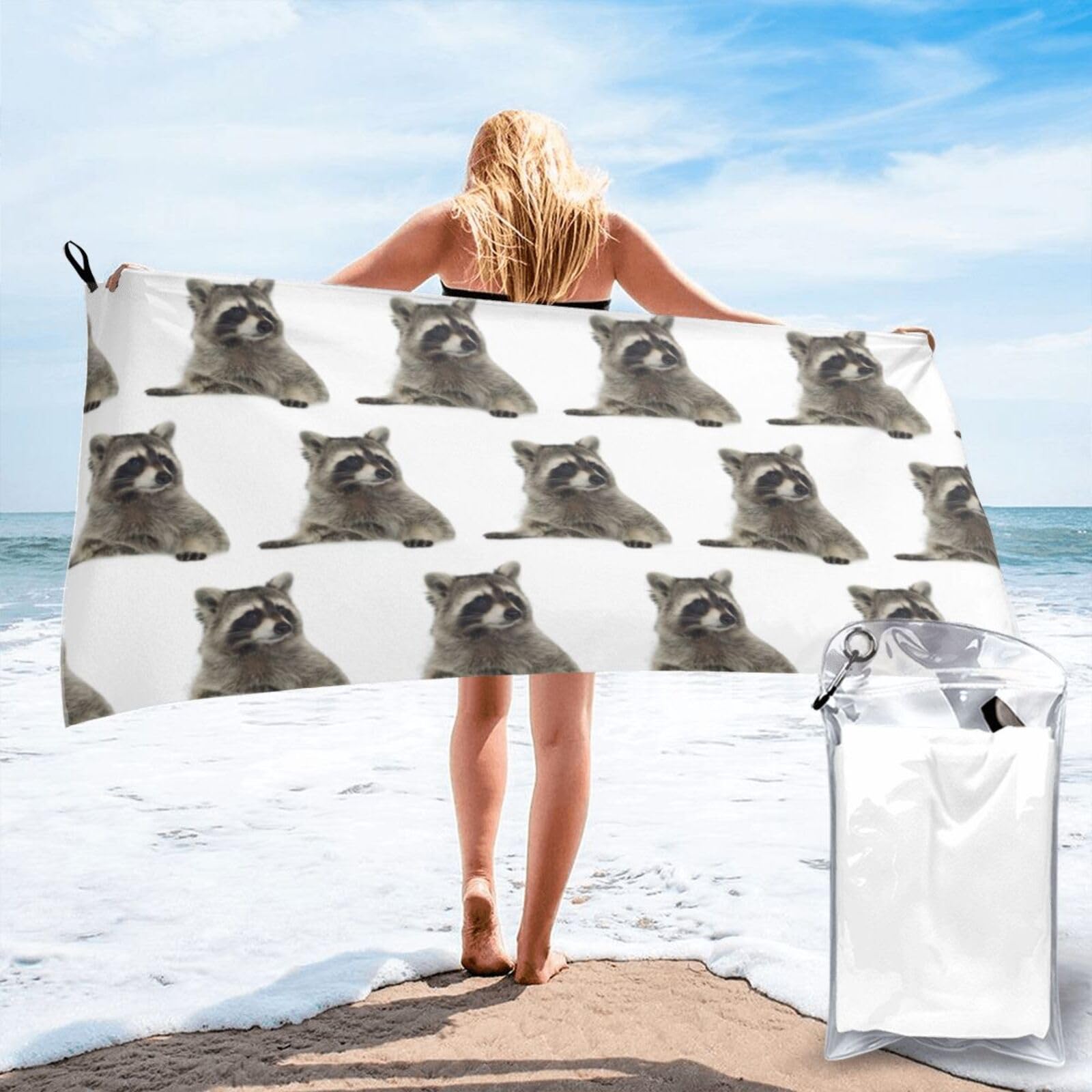 KAPPTYY Hairy Raccoon Print Quick Dry Towel Bath Shower Beach Wrap For Gym Vacation Adults