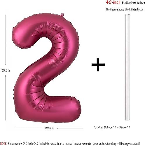 Miniatura 2 de Globos con el número 2 de 40 pulgadas, color rojo vino, burdeos, de papel aluminio con helio, globos grandes para decoración de fiesta de