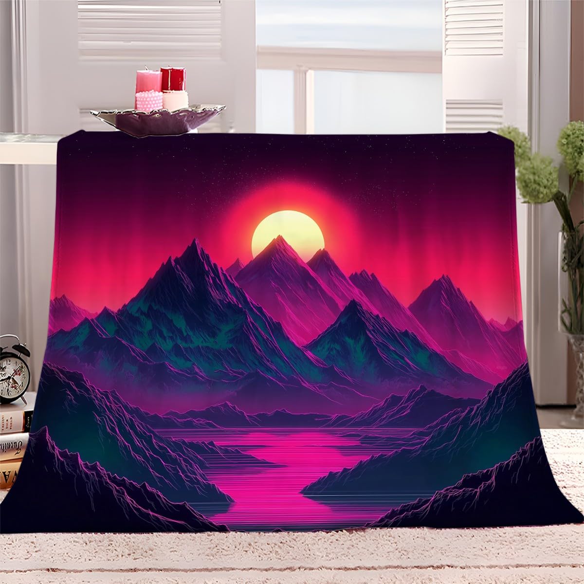 Générique Couverture Polaire 220x240 cm Coucher De Soleil sur Les Montagnes Violettes Couverture Flanelle Imprimée 3D, Plaid Polaire Moelleuse, Couverture lit Chaude Épais Jeté de Canapé, Plaid Bébé