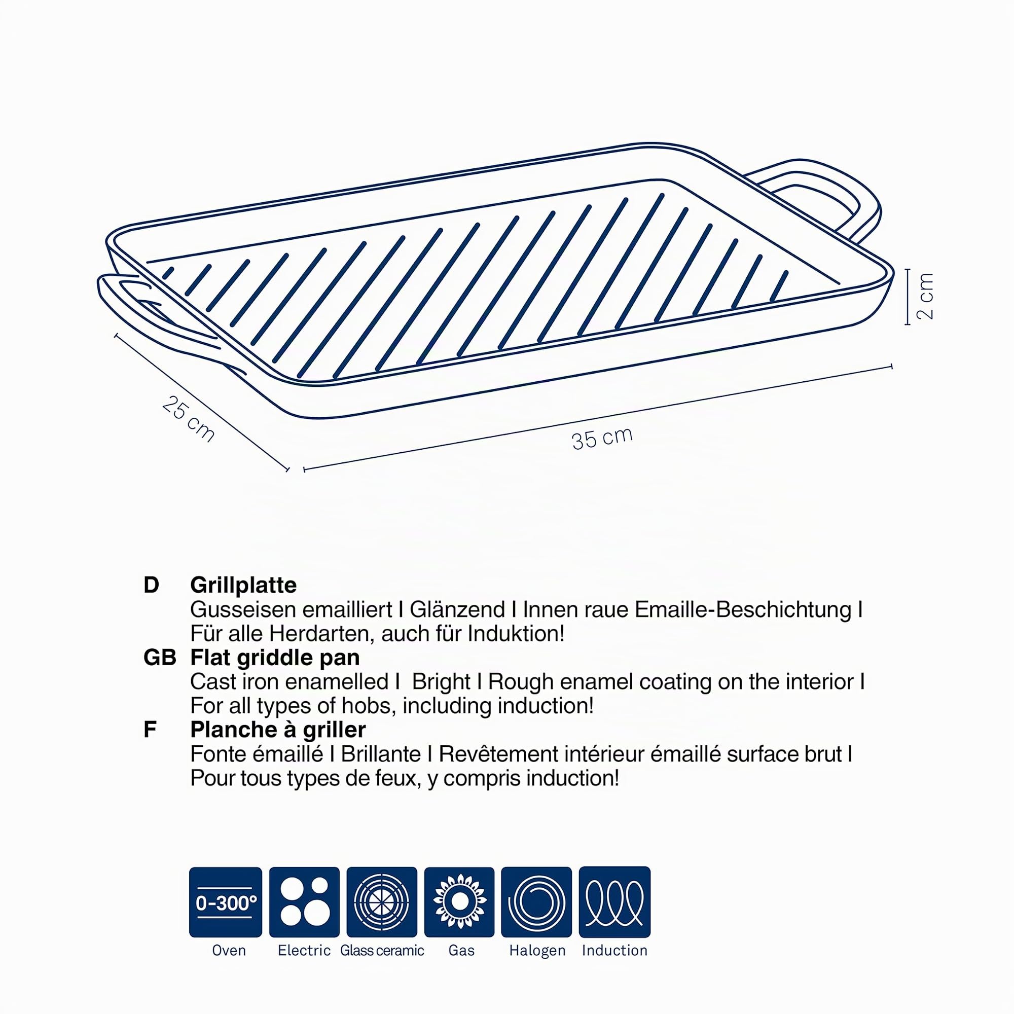 kela Grillplatte Induktion 35 x 25 cm CALIDO, Grillplatte Gusseisen emailliert für den Herd, hitzebeständig bis 300°C, schwarz