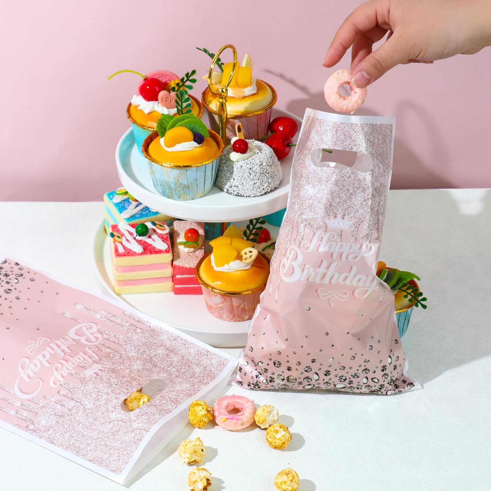 Jeffdad 30 Stück Geburtstagstüten Kinder, Tüten Kindergeburtstag Geschenktüten Kindergeburtstag Plastiktüten für Geburtstagsfeiern Kindergeburtstag Gastgeschenke Mädchen Partytüten(Rosa)