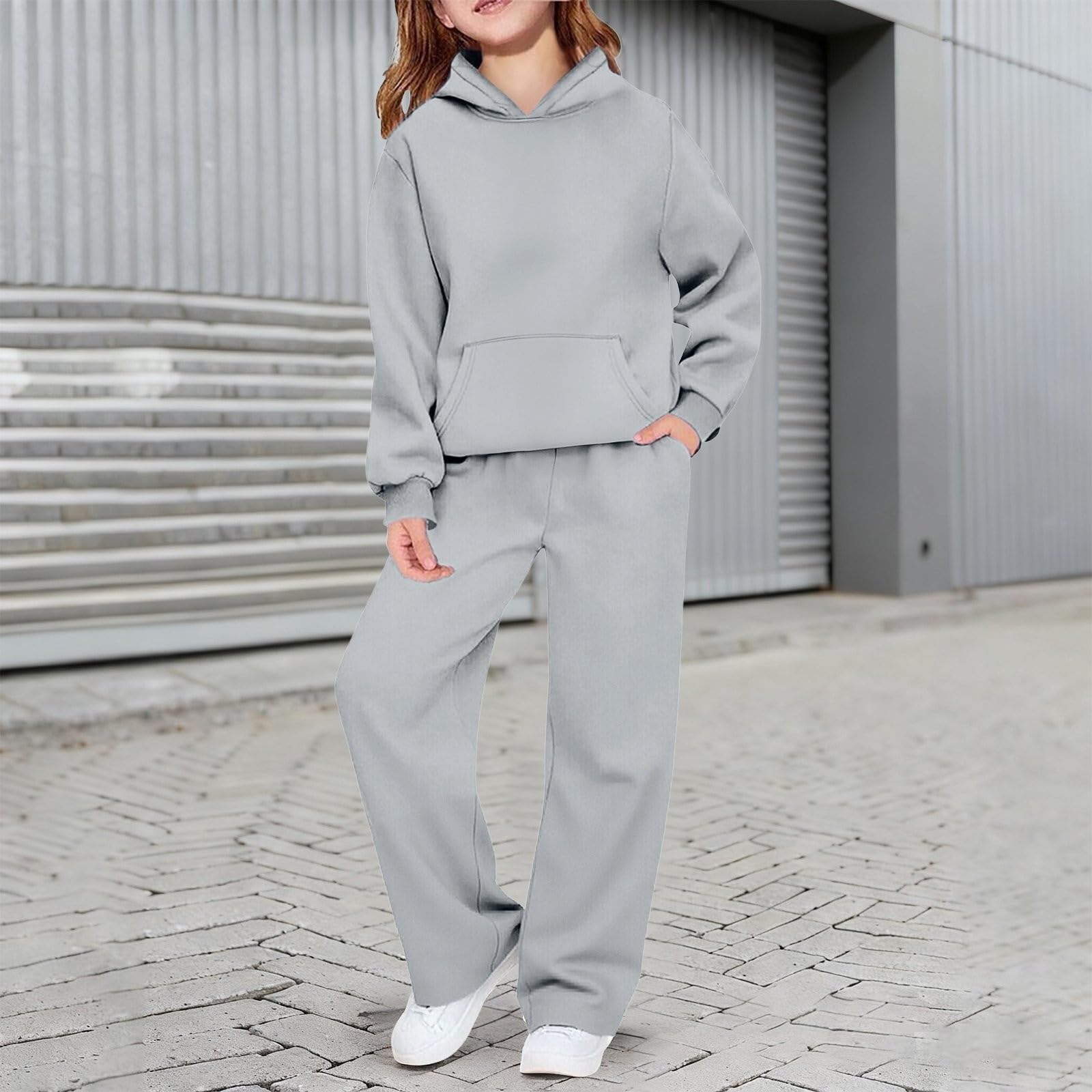 Generico Felpa con cappuccio in pile accogliente per ragazze, caldo invernale con pantaloni gamba larga per ragazze preadolescenti, colore e comfort.