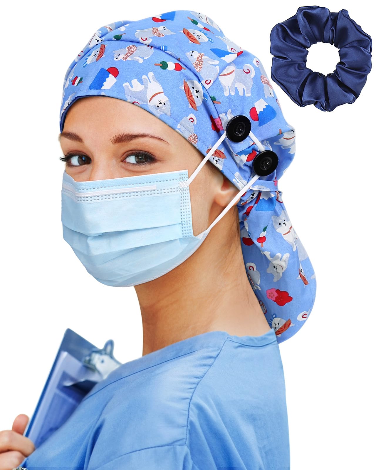 Satin Lined Scrub Cap for Women Extra Large Long Hair Surgical Nurse Cap 4 Buttons