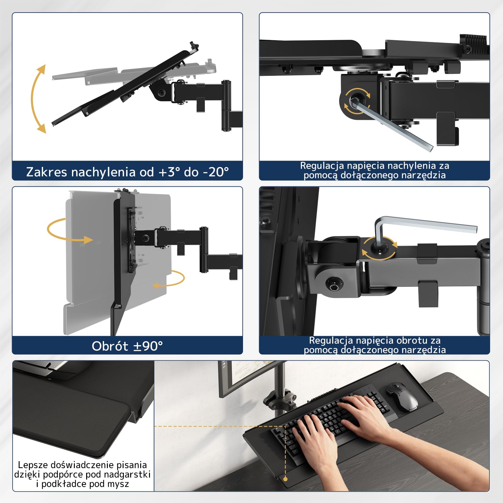 Uchwyt na Klawiaturę do Montażu na Słupku 65,4 × 19,2 cm – Uniwersalna Półka na Klawiaturę do Ø 28–60 mm, Obrót 360° i Regulacja Nachylenia, Ergonomiczna Platforma z Organizacją Kabli