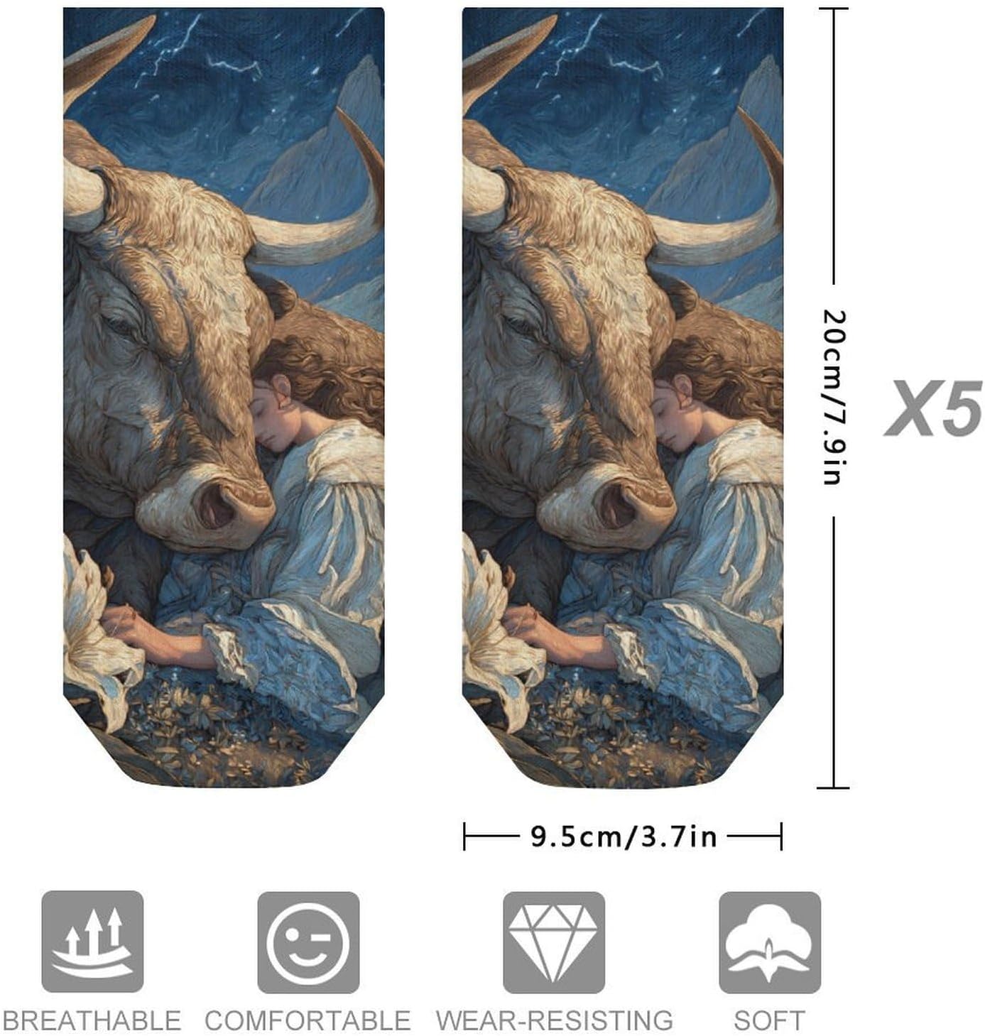 Taurus Constellation Bull Lilies No Show Ankle Socks Low Cut Non Slip Flat Boat Line 5 Pairs Set