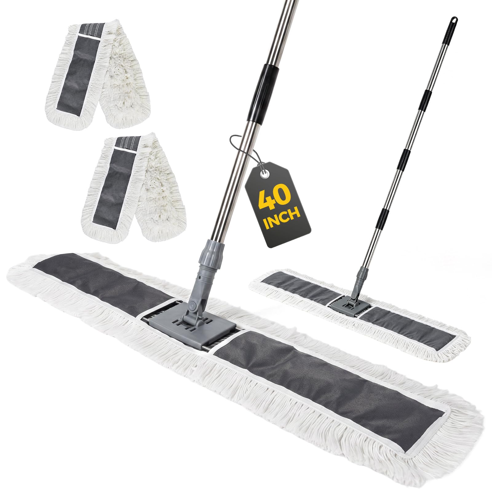 40” Commercial Dust Mop, Large Dust Mop with 2 Washable Pads, Gray