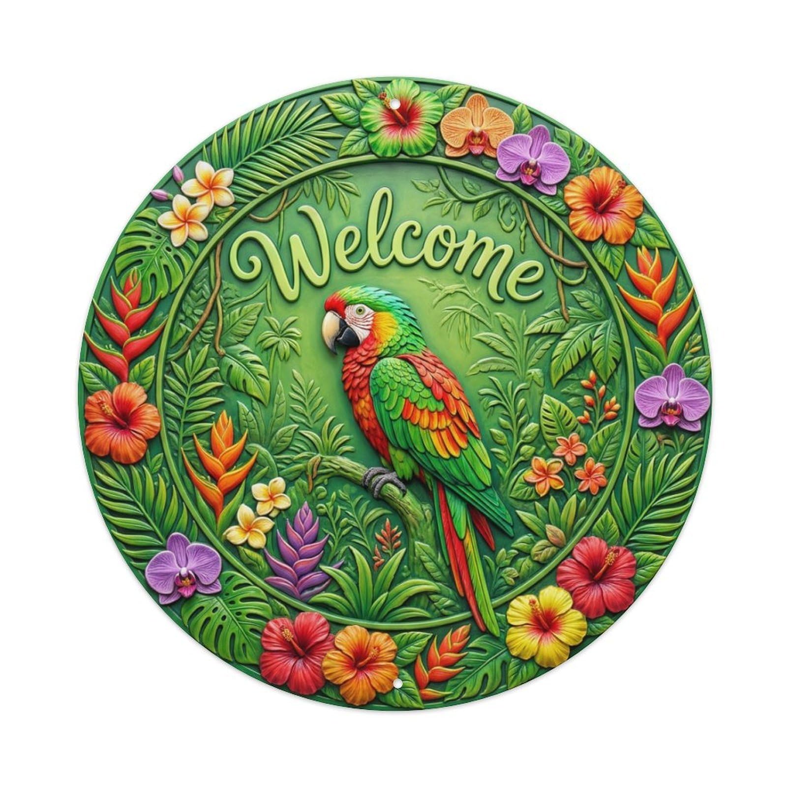 Tgrcjimh Style Metal Tin Sign Tropical Parrot Welcome Vibrant Jungle