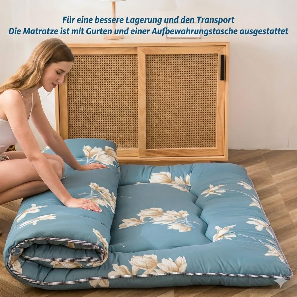 MAXYOYO Japanische Bodenmatratze, Futon-Matratze, Dicke Tatami-Matte, Schlafunterlage, Faltbare Roll-Matratze, Schlafsaal, Matratze, Bodenliege, Kissen, Bett (Blaue Blume, 150 x 200 cm)