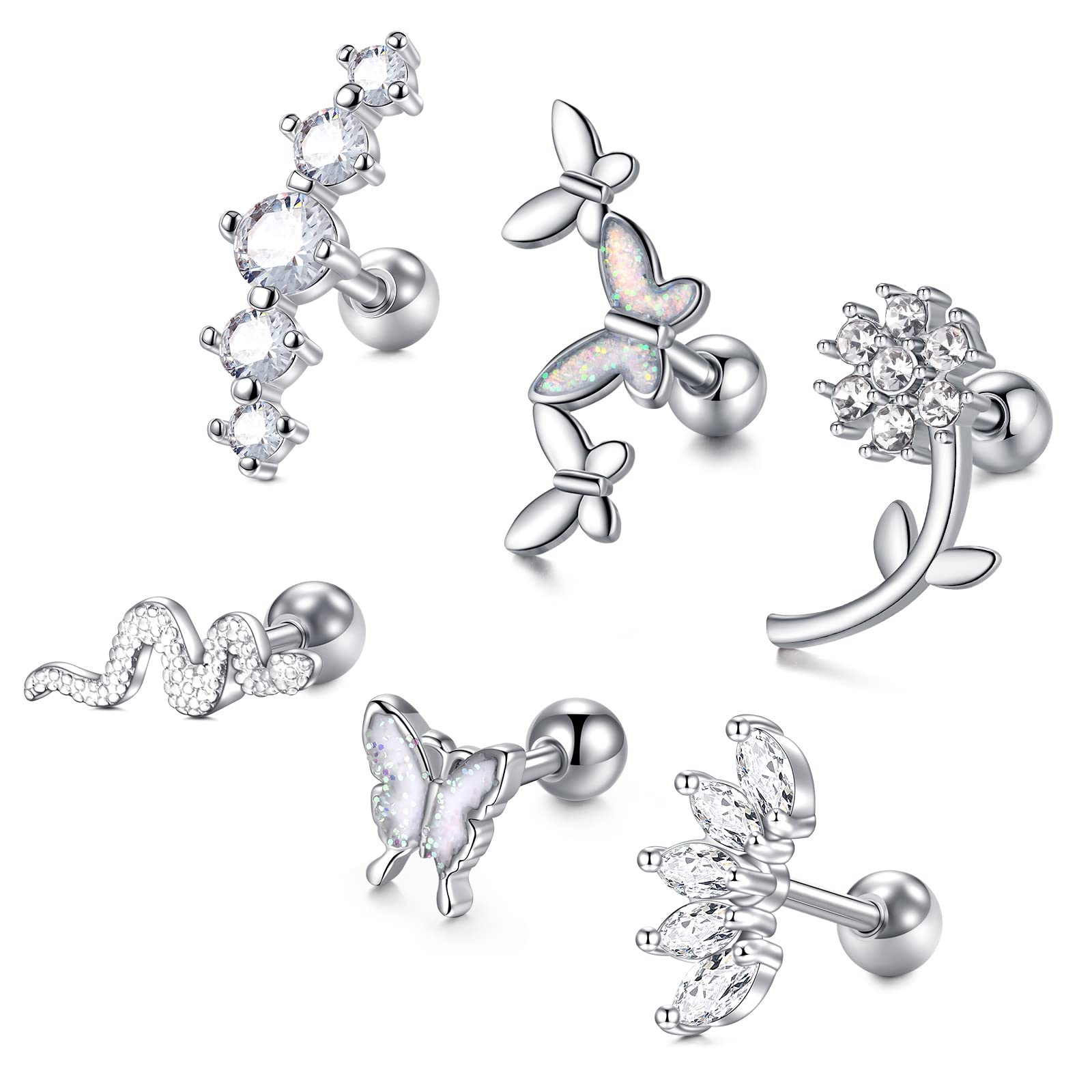 Longita Piercing Oreja Tragus Acero Inoxidable 16G Mariposa Serpiente Helix Piercing Joyas para Mujeres Conch Piercing Oreja 6MM