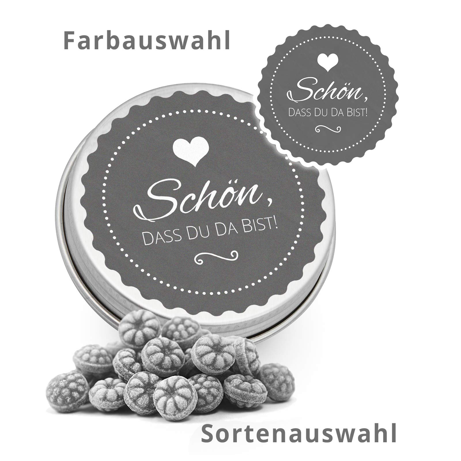DeinBonbon 20x Gastgeschenk Mini Dose DIY Süßigkeiten und Stickerbogen | Hochzeit, Geburtstag, Taufe & Kommunion (Blau, Fruchtgummi Herzen)
