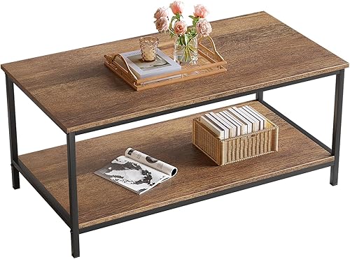 SAYGOER Mesa auxiliar con almacenamiento, mesa central industrial de 2 niveles para sala de estar, mesa rectangular de madera para espacios Nogal