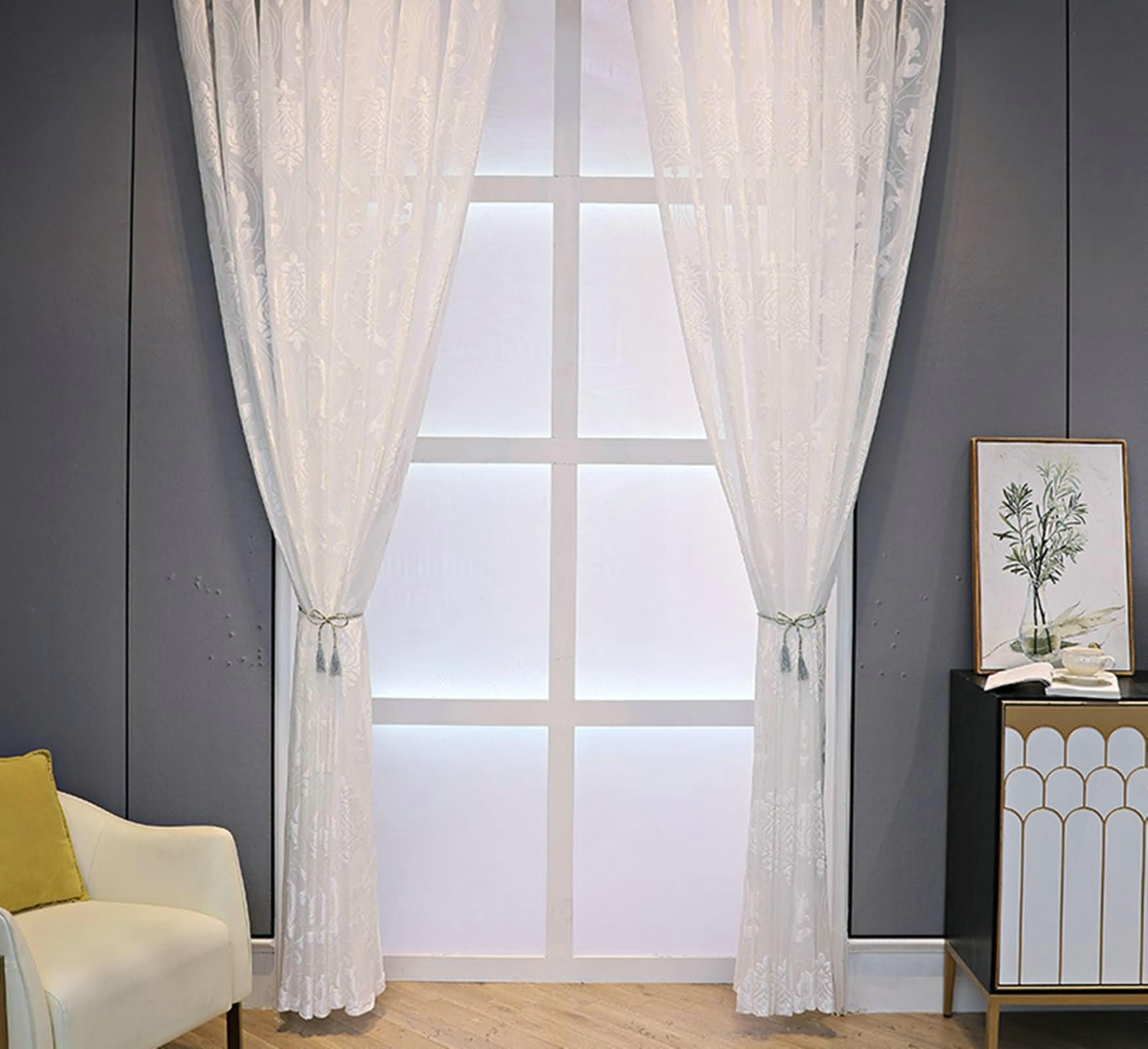 Zestaw 2 zasłon do salonu, biała zasłona 137 x 183 cm zasłona okienna wzór kwiatowy zasłony do sypialni i salonu