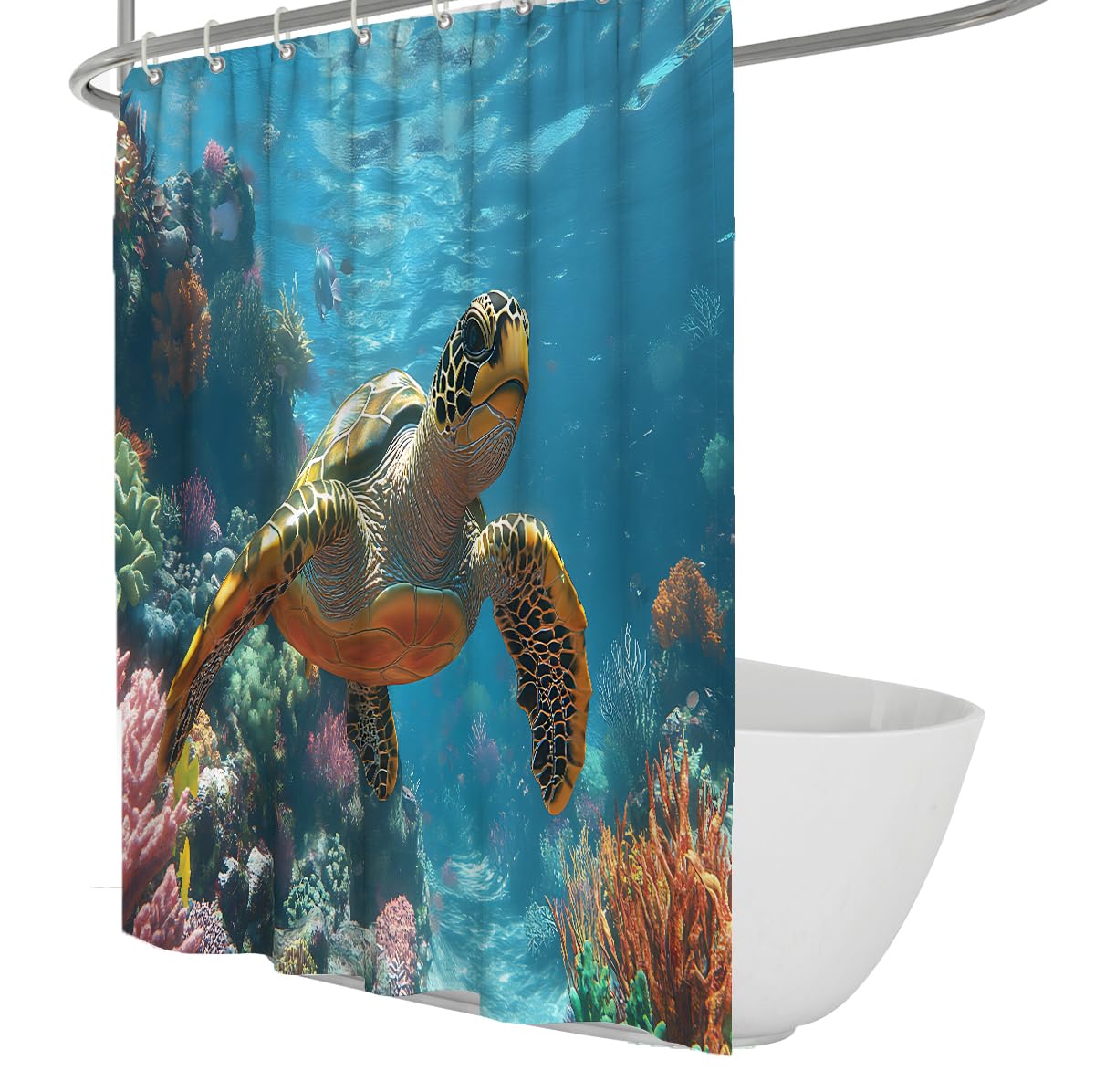 UERWOWELL Ocean Turtle Shower Curtain Sunlit Reef Landscape Exotic Undersea Creature Bath Curtains Polyester Fabric Bathroom Curtains with Hooks W150xL180 cm