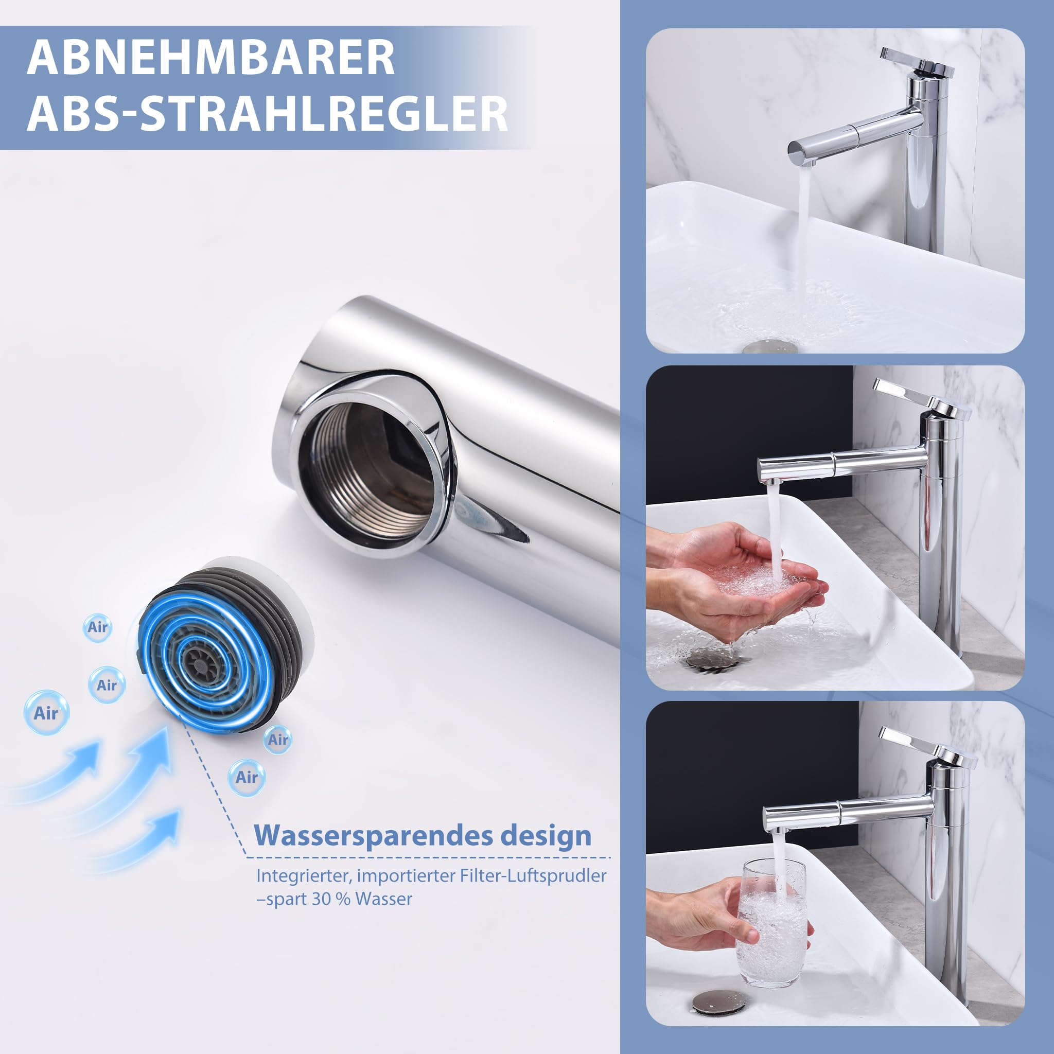 HOMELODY Grifo de lavabo alto cromado, doble caño y cuerpo giratorios 360°, 215 mm de altura de caño de acero inoxidable, grifo monomando para baño, ahorro de agua