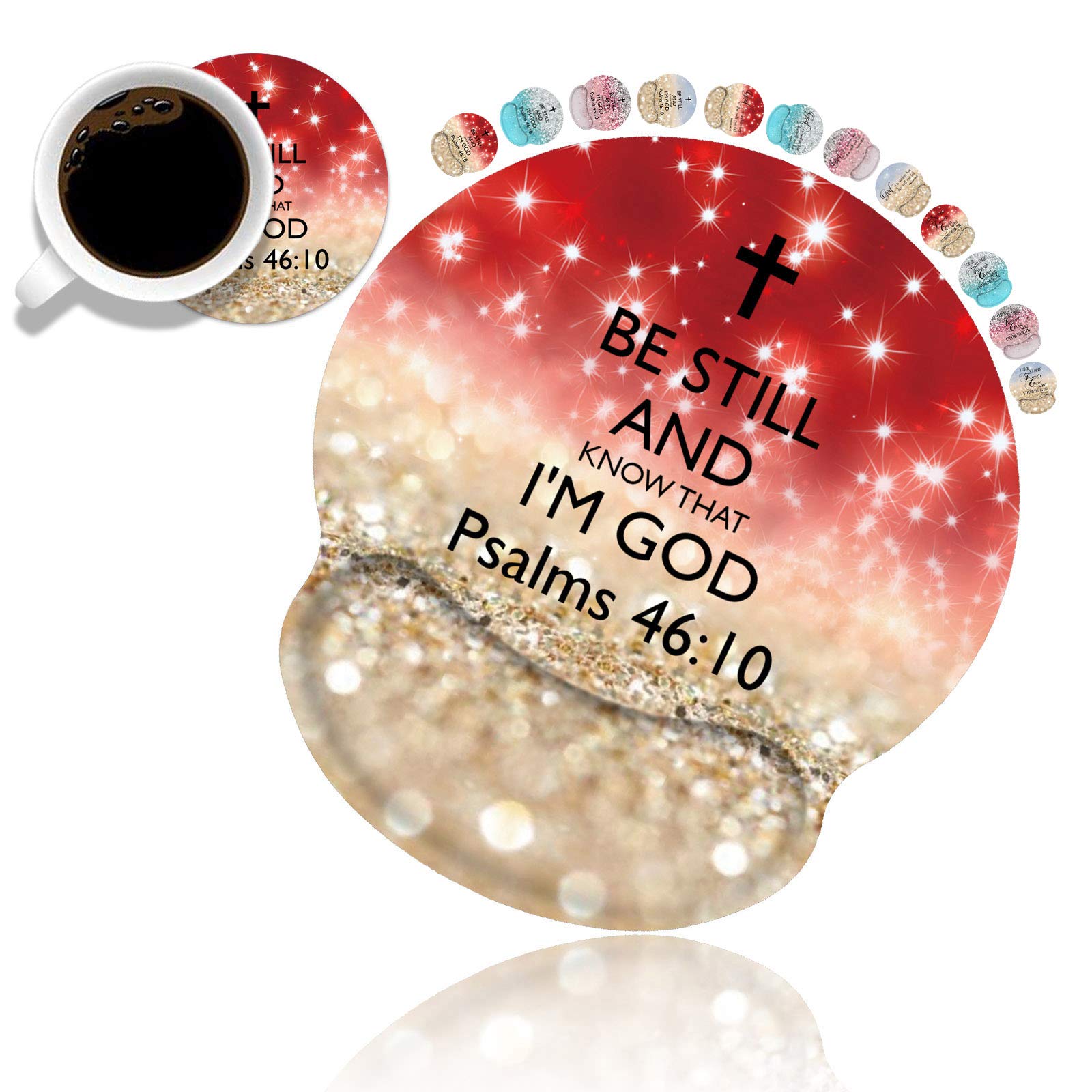 Ergonomic Mouse Pad Wrist Support and Coasters Set, Cute Wrist Rest Pad with Non-Slip PU Base for Home Office Working Studying Easy Typing & Pain Relief, Red Glitter Quote Bible Verse Psalm 46:10