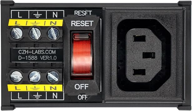 DIN Rail Mount AC 250V IEC320 Single C13 Receptacle Outlet Power Strip Module, with Rocker Switch Thermal Circuit Breaker Overload Protector D-1588T