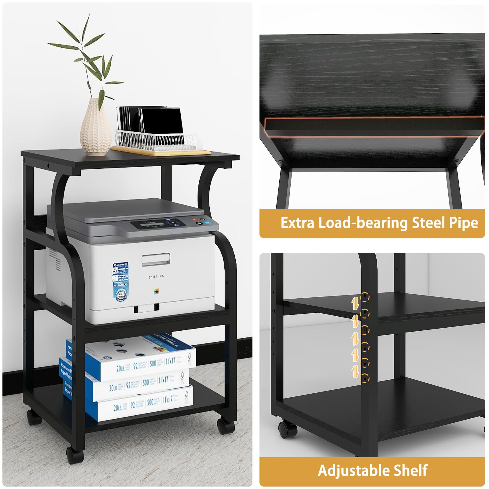 PUNCIA Grande supporto per stampante, 50 x 40 x 73 cm, con ripiano regolabile, carrello a 3 livelli con ruote per organizzazione di casa e ufficio, ripiani multifunzione per pressa a caldo, stampante