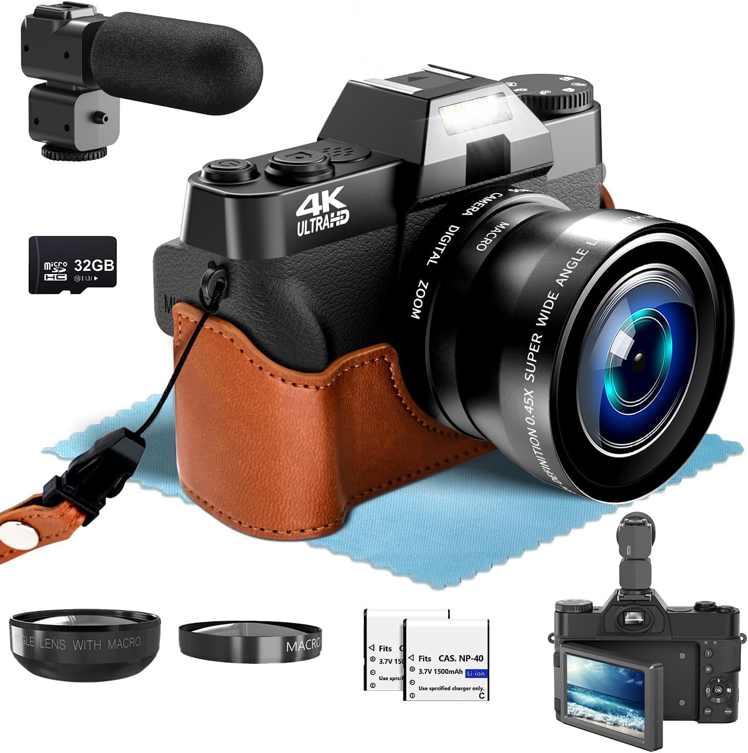 4K Fotocamera Digitale per la fotografia con microfono esterno regolabile, Videocamera Vlogging da 48MP, obiettivo grandangolare e Macro da 52 mm, con schermo ribaltabile a 180°, scheda TF da 32 GB 4K Fotocamera Digitale per la fotografia con microfono esterno regolabile, Videocamera Vlogging da 48MP, obiettivo grandangolare e Macro da 52 mm, con schermo ribaltabile a 180°, scheda TF da 32 GB