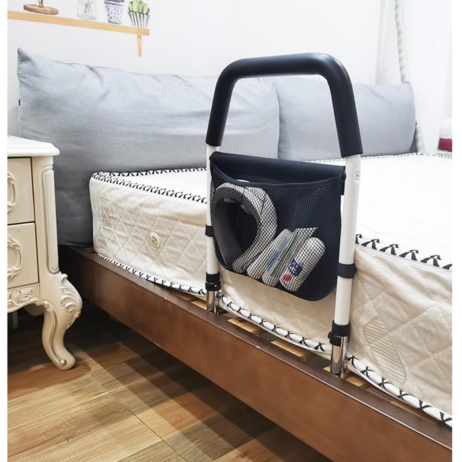 Brrnoo Barandilla de Cama en Forma de U para Personas Mayores, Sin Perforación, Correas Ajustables, Reposabrazos Acolchado de Espuma, Acero Inoxidable, Ajustable a Colchones (Riel de Cama en Forma