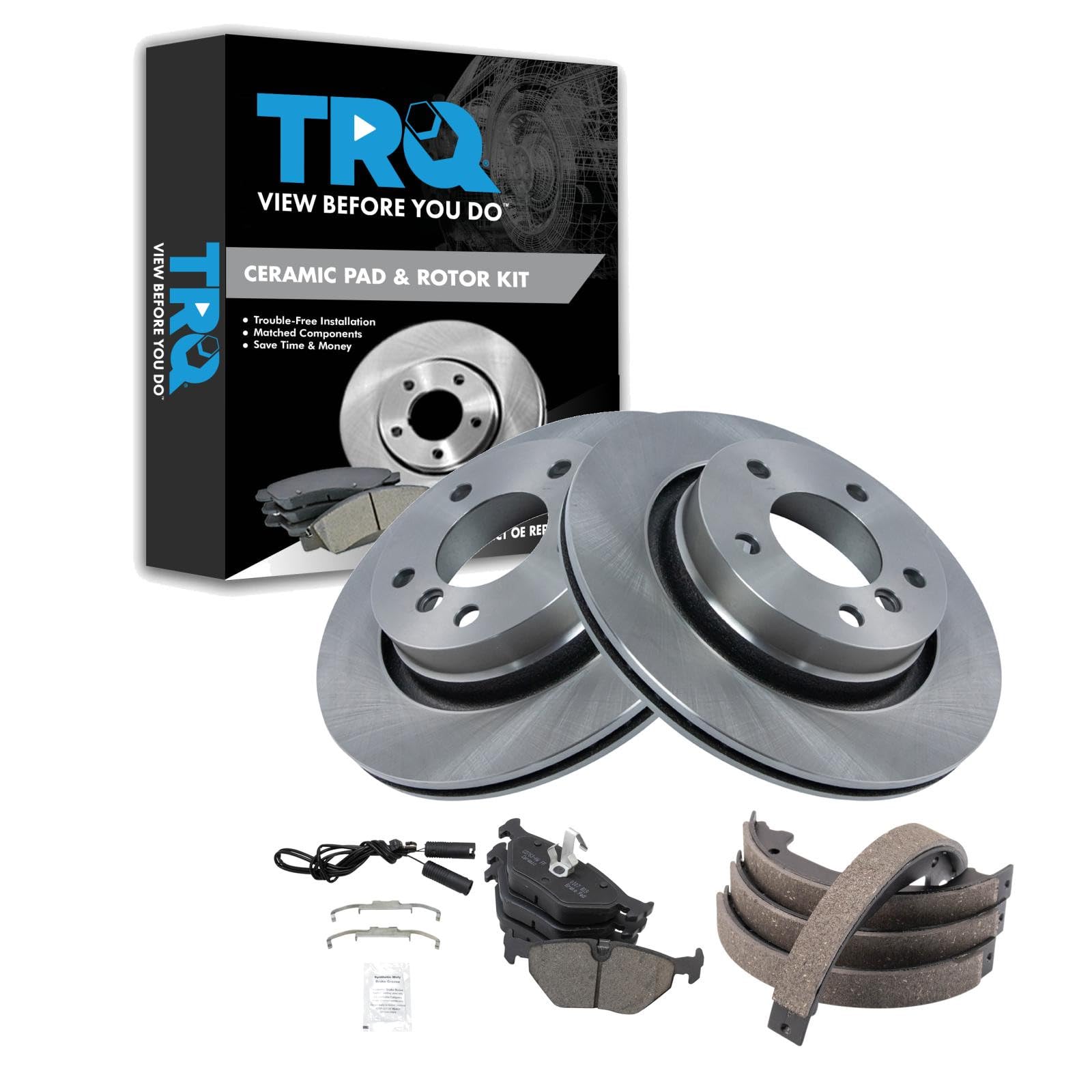 TRQ Rear Brake Pad and Rotor Set Ceramic Parking Brake Shoe Compatible with 2000 BMW 323Ci 323i 328Ci 2001-2006 325Ci 2001-2005 325i