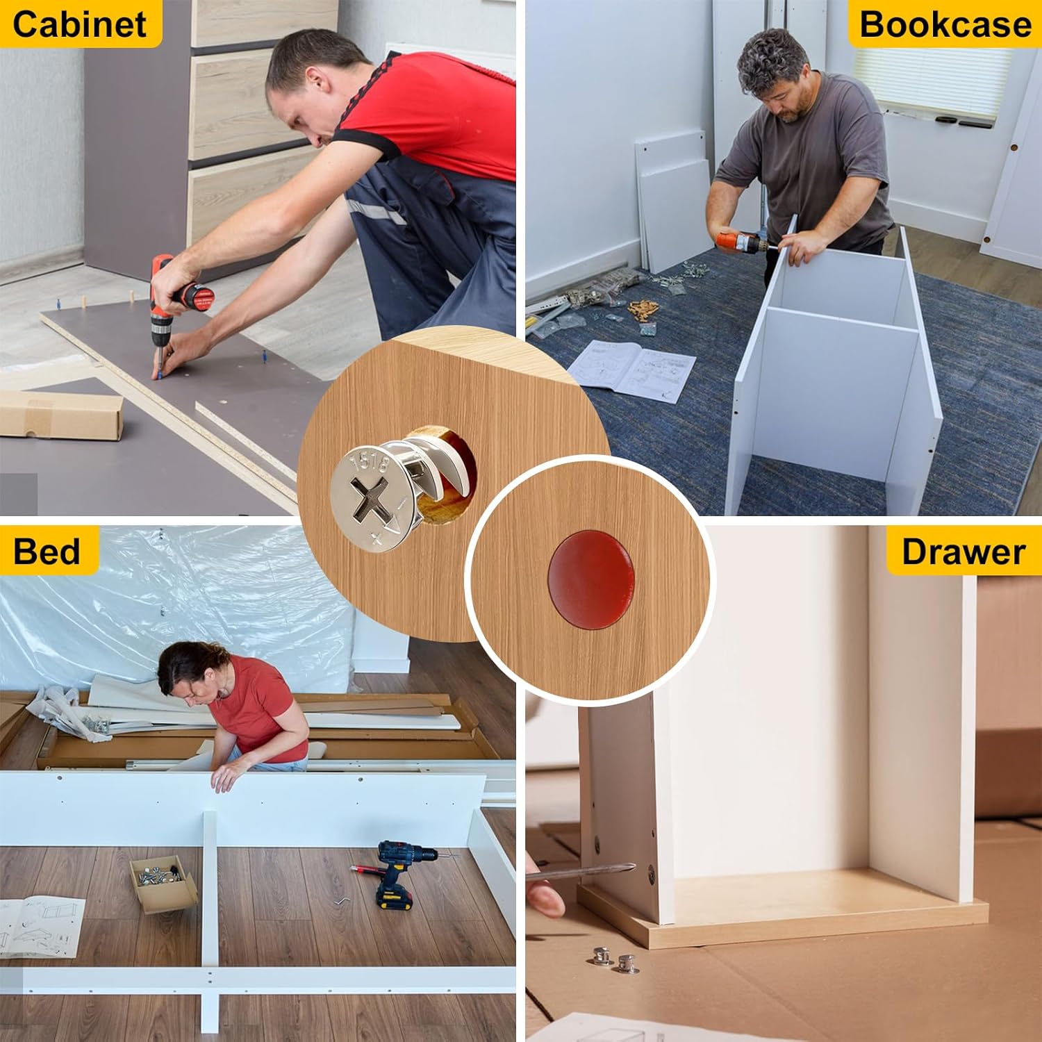 138PCS Cam Locks for Furniture Assortment Kit,3-in-1 Eccentric Hardware Wheels,Furniture Cam Lock Fasteners with Multi-Size Nuts,Bolts,Wood Dowel Pins,Repairing Cabinet,Closet,Drawer