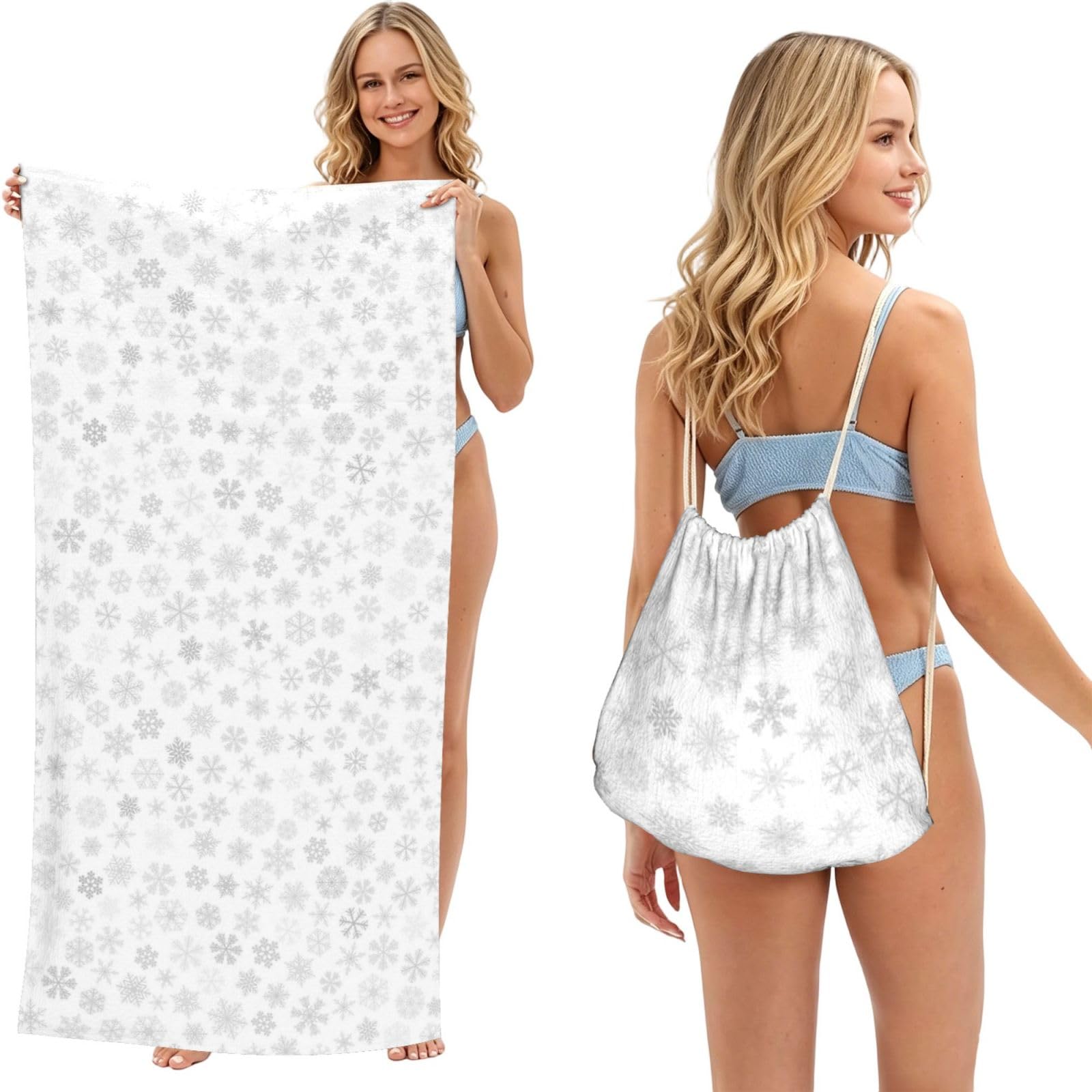 Poadnly As Picture Christmas Snowflakes Winter Snowflake, 2 In 1 Packable Towel Bag, Beach Towels With Drawstring Backpack For Travel Holiday Camping
