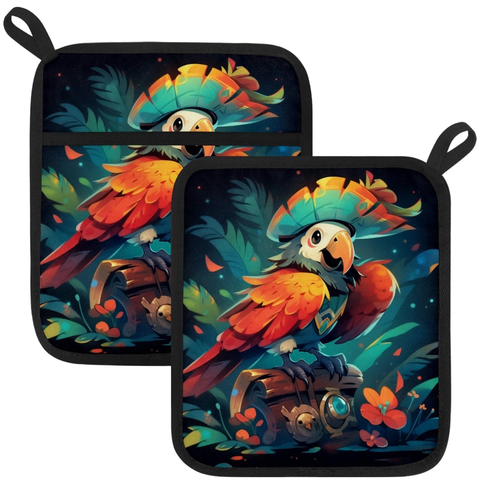 VAPOKF Pirate Parrot Pot Holders with Pocket for Kitchen Heat Resistant Potholders Large Polyester-Cotton Square Oven Mitts Set