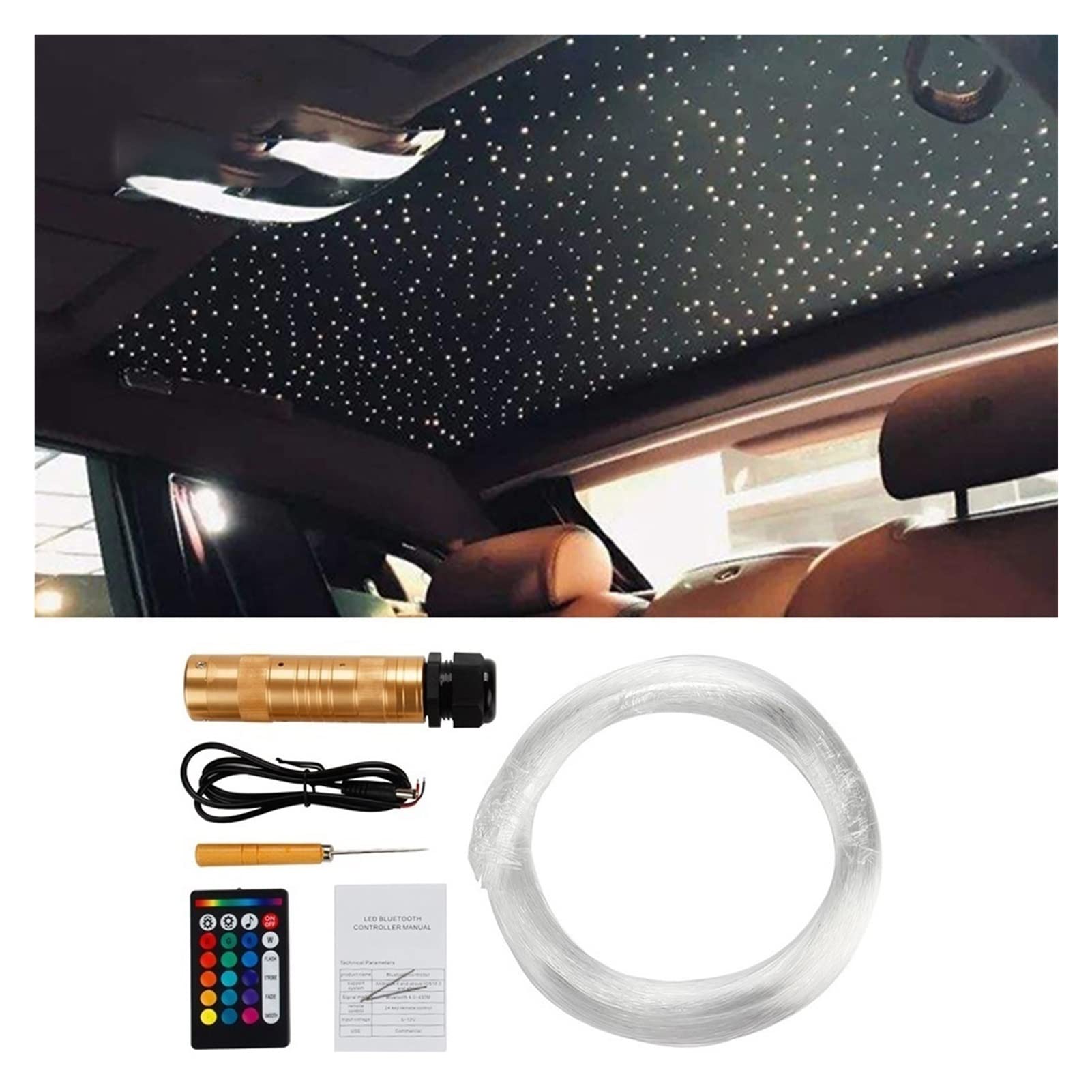 1 2V 6W RGB Luces de estrella del techo coche DIRIGIÓ Kits luz fibra óptica Bricolaje Lámpara Decorativa Auto Starry Sky,Ambiente Romántico(150pcs 0.75mm 2M)