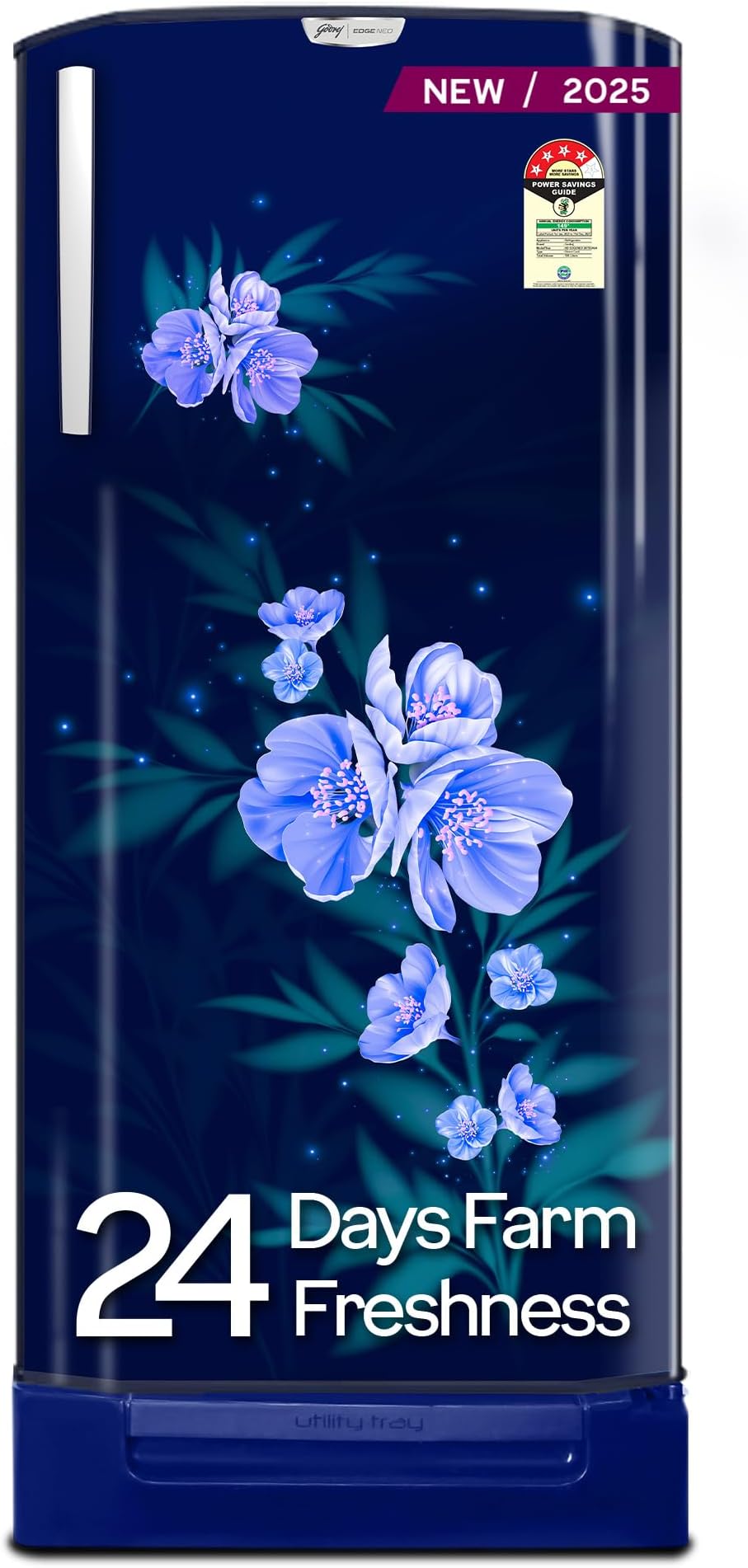 Godrej 180 L 4 Star | Turbo Cooling Technology | 24 Days Farm Freshness | Base Drawer | Toughened Glass Shelves | Direct Cool Single Door Refrigerator (RD EDGENEO 207D TDF MP BL, Maple Blue)