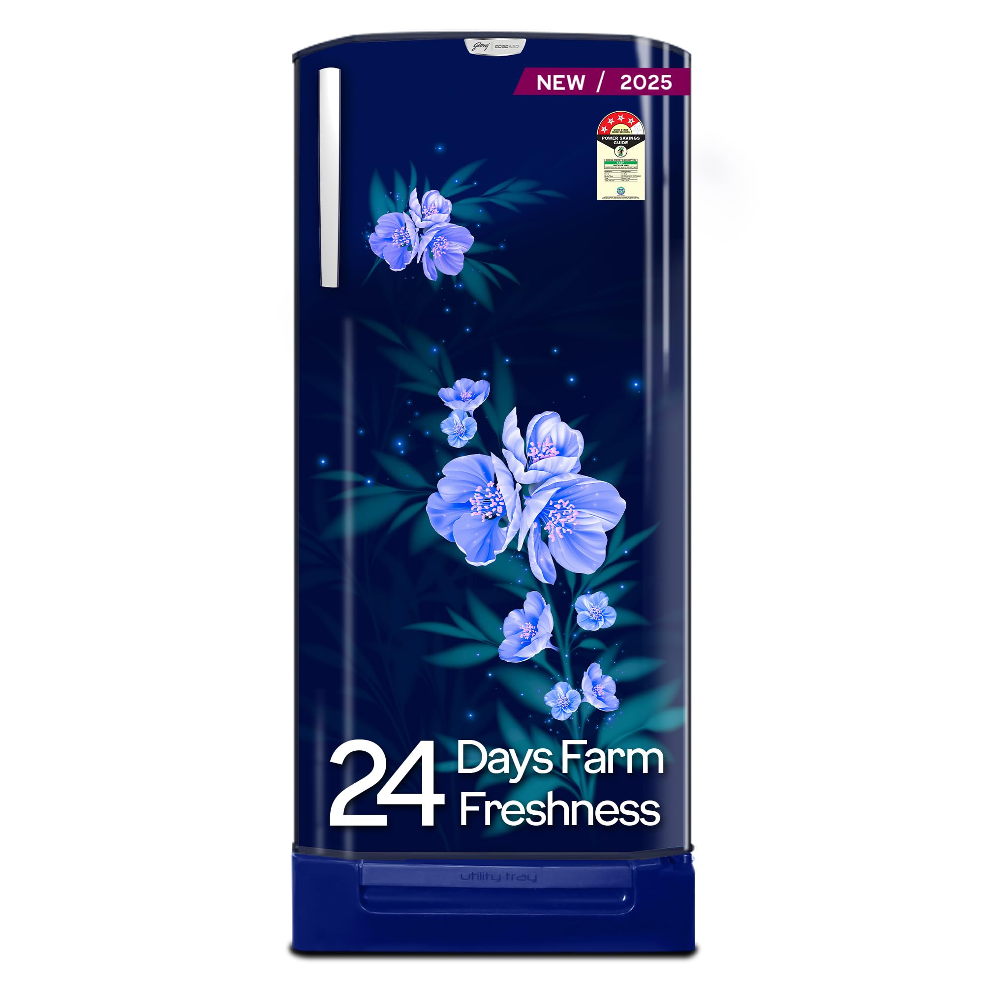 Godrej 180 L 4 Star | Turbo Cooling Technology | 24 Days Farm Freshness | Base Drawer | Toughened Glass Shelves | Direct Cool Single Door Refrigerator (RD EDGENEO 207D TDF MP BL, Maple Blue)