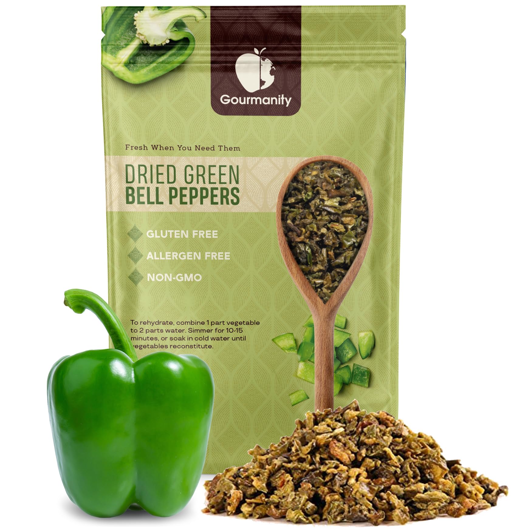 Gourmanity Dried Green Bell Peppers, Flavorful Diced Peppers Fresh and Appetizing, Perfect for Ramen Bae Ramen Toppings Soups Stir-Frys and Stews, All