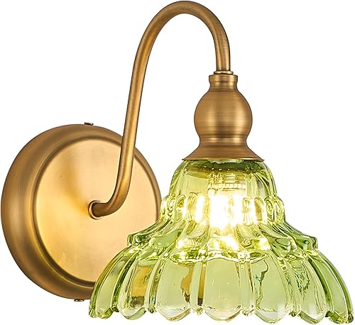 Miniatura 18 de Aplique de pared de latón vintage bronce, luz de pared de baño hecha de cuerpo de cobre electrochapado y vidrio estampado prensado, luces de tocador