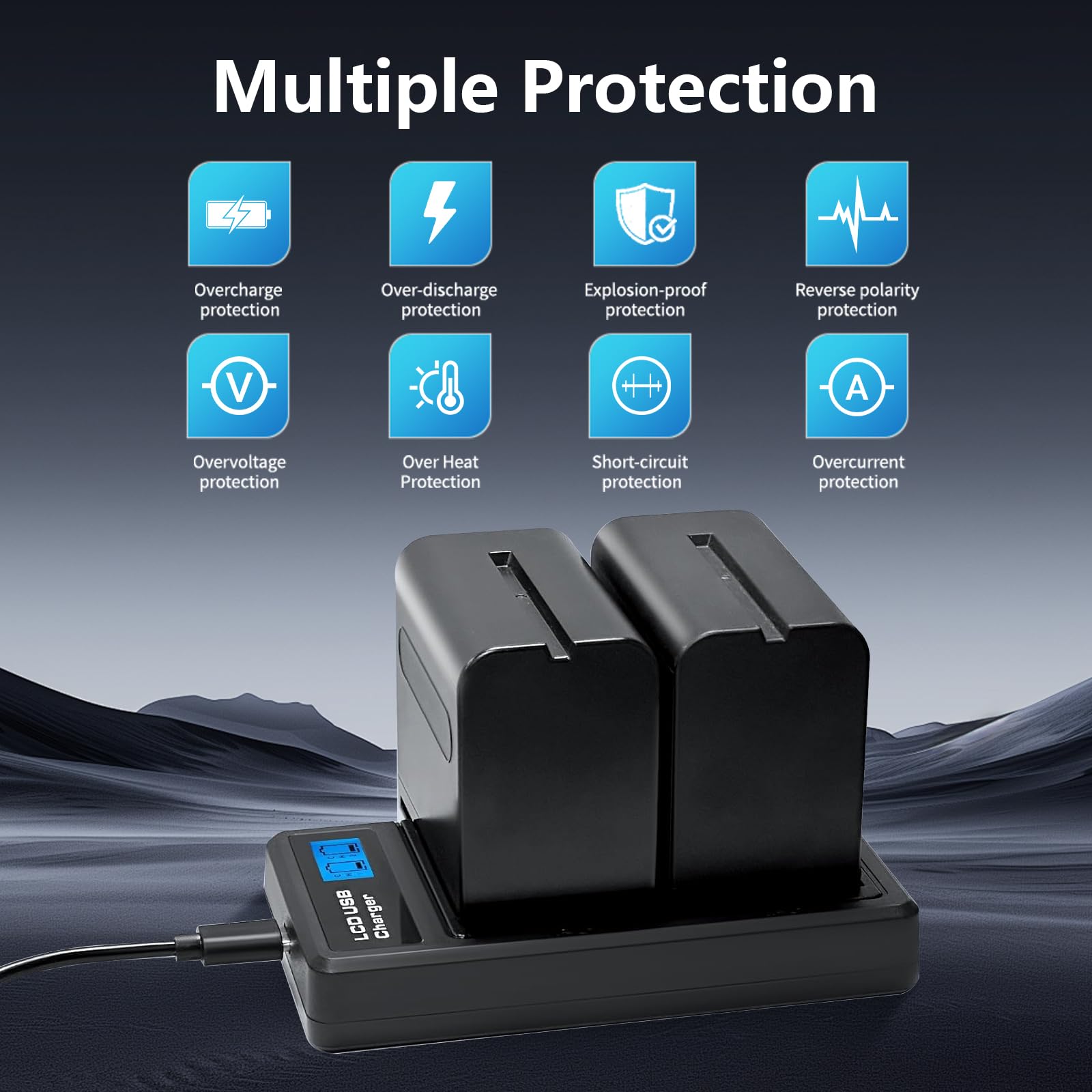 2 Stück NP-F970 8800mAh Ersatzakku Dual USB Schnellladegerät Kompatibel mit Sony NP-F960 NP-F950 NP-F930 NP-F550 NP-F570 NP-F750 Batterien, für Handycams, Feldmonitor, Videolicht