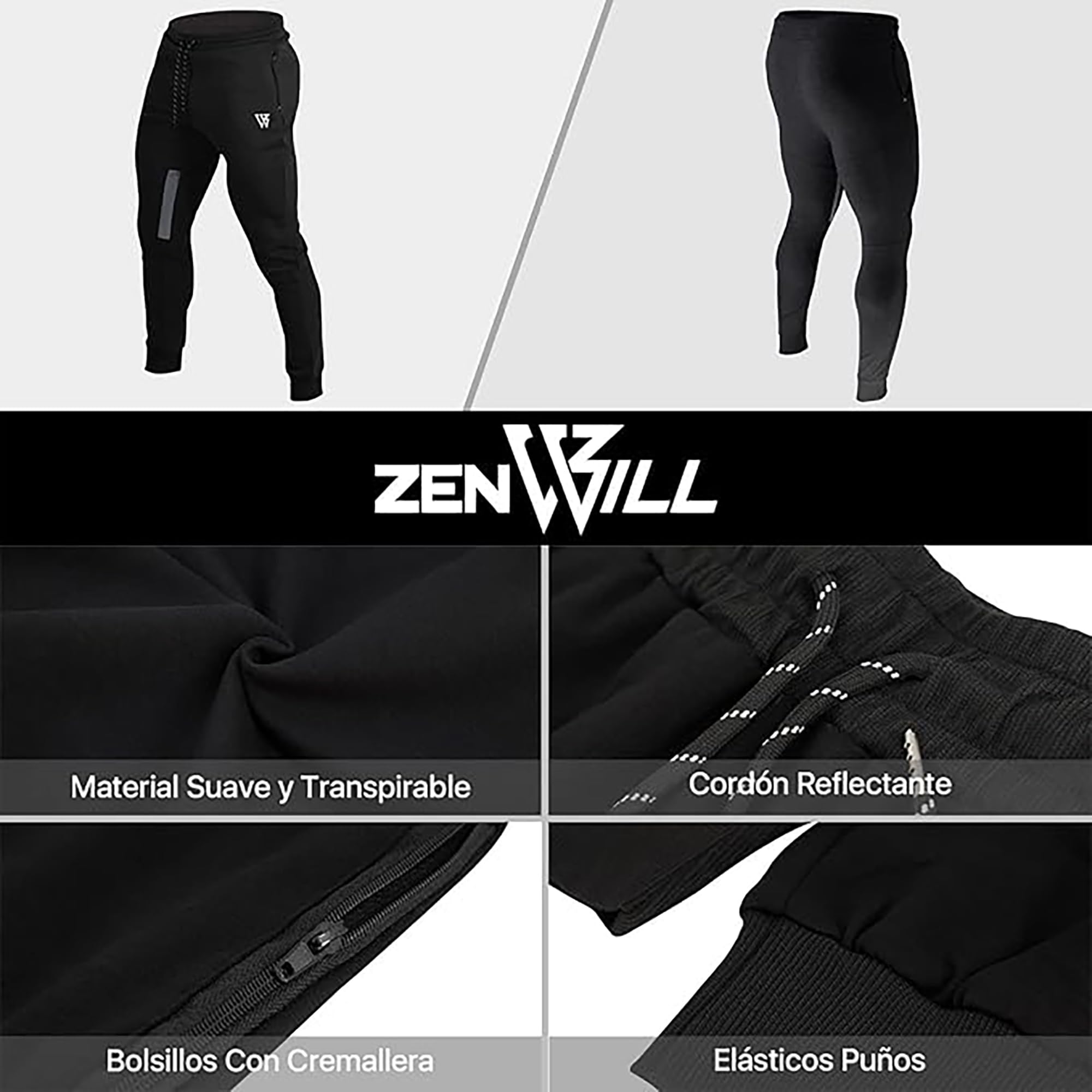 ZENWILL Gym Jogger Zip, Męskie spodnie sportowe z oddychającej siatki