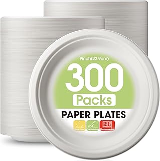 Paper Plates 9 inch - 300 Packs, 100% Compostable & Disposable Plates, Heavy Duty Paper Plates for Dinner or Lunch, Sturdy Dinner Plates, Sugarcane Fiber Party Plates, White Paper Plates