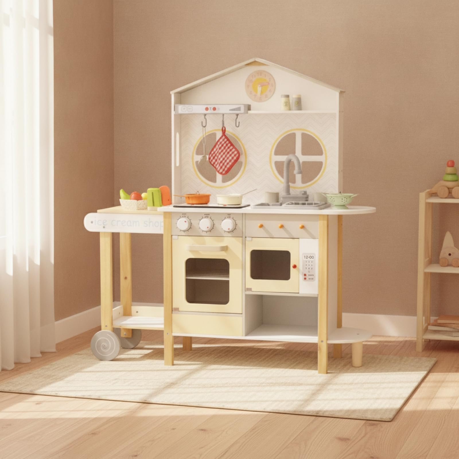 Cocina de Juguete Infantil de Madera Juego de Cocina Fregadero Placa Horno con Juego Completo de Accesorios Estantes Abiertos y Panel Trasero