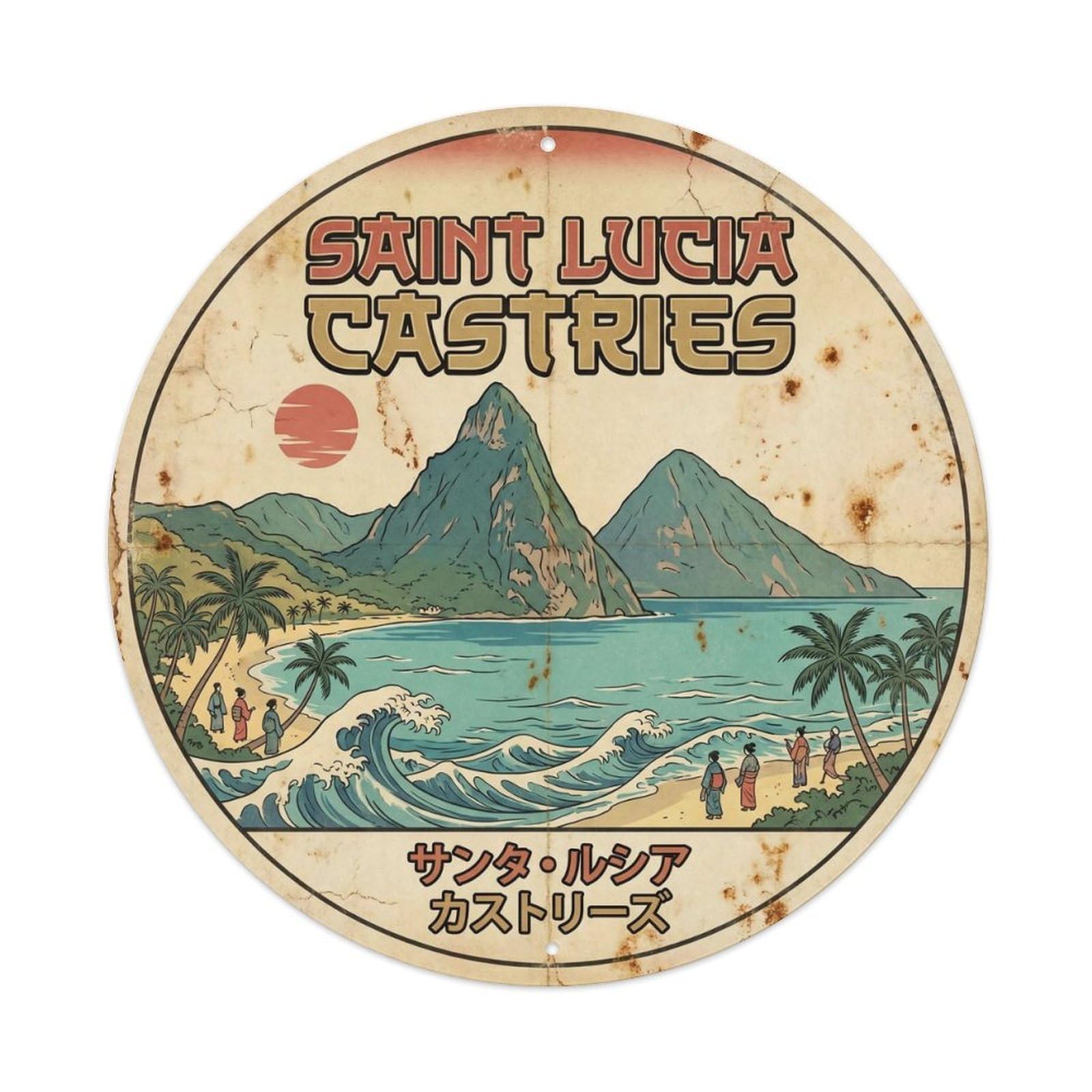 Saint Lucia Castries Island Resort Woodblock Metal Tin Sign