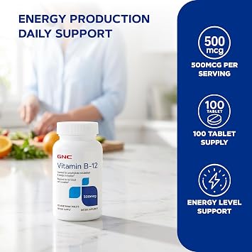 GNC Vitamin B-12 500mcg, Supports Energy Production, 100 Tablets | Supports Carbohydrate Metabolism and Energy Production, Aids Red Blood Cell Formation, Kosher, Gluten-Free, and Sodium Free