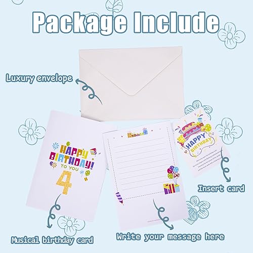 Miniatura 8 de Gumry Tarjeta de cumpleaños número 4, tarjeta desplegable de cumpleaños musical soplable con luz LED, canción "HAPPY", decoraciones de 4 cumpleaños,