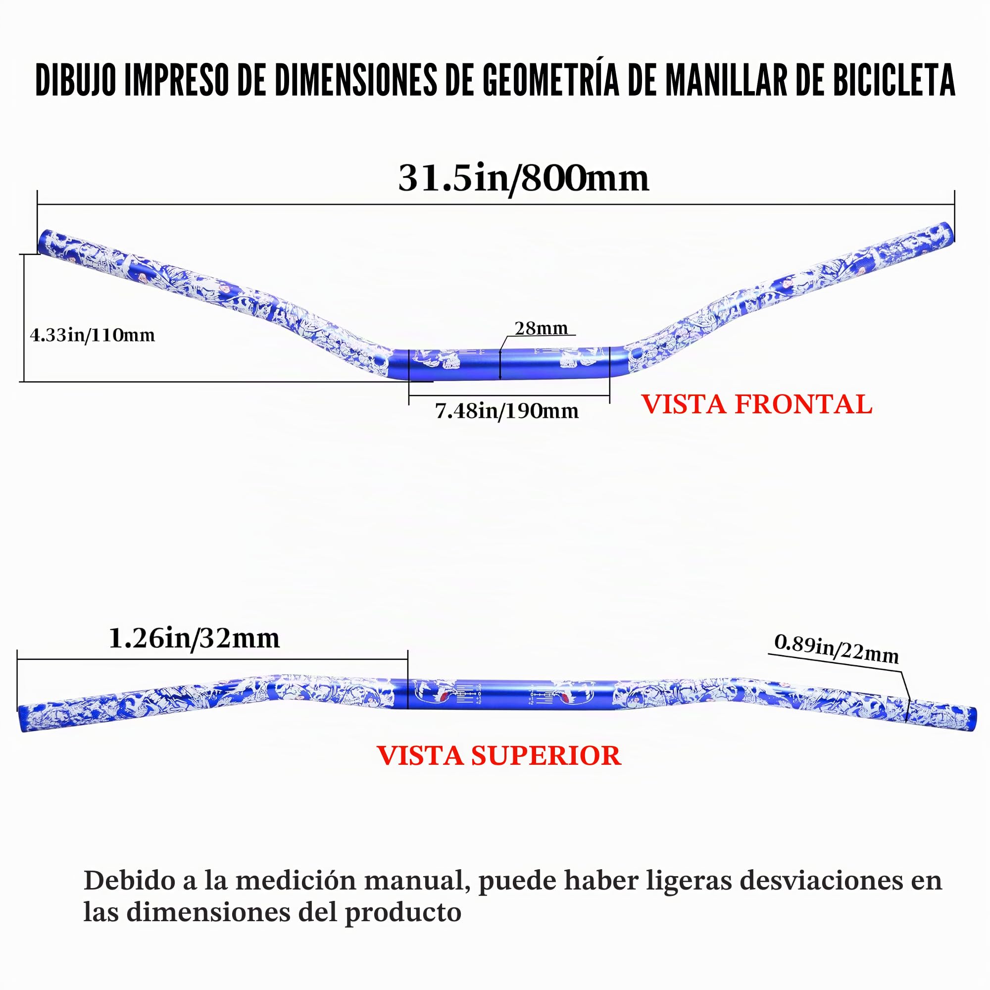 Manillar universal de 28 mm 1 1/8" para CRF KLX KX LTR TRX SX SXF EXC XCW, para motocross, pit, moto de cross, scooter, ATV, quad, Grizzly Hawk 250, bicicletas (azul)