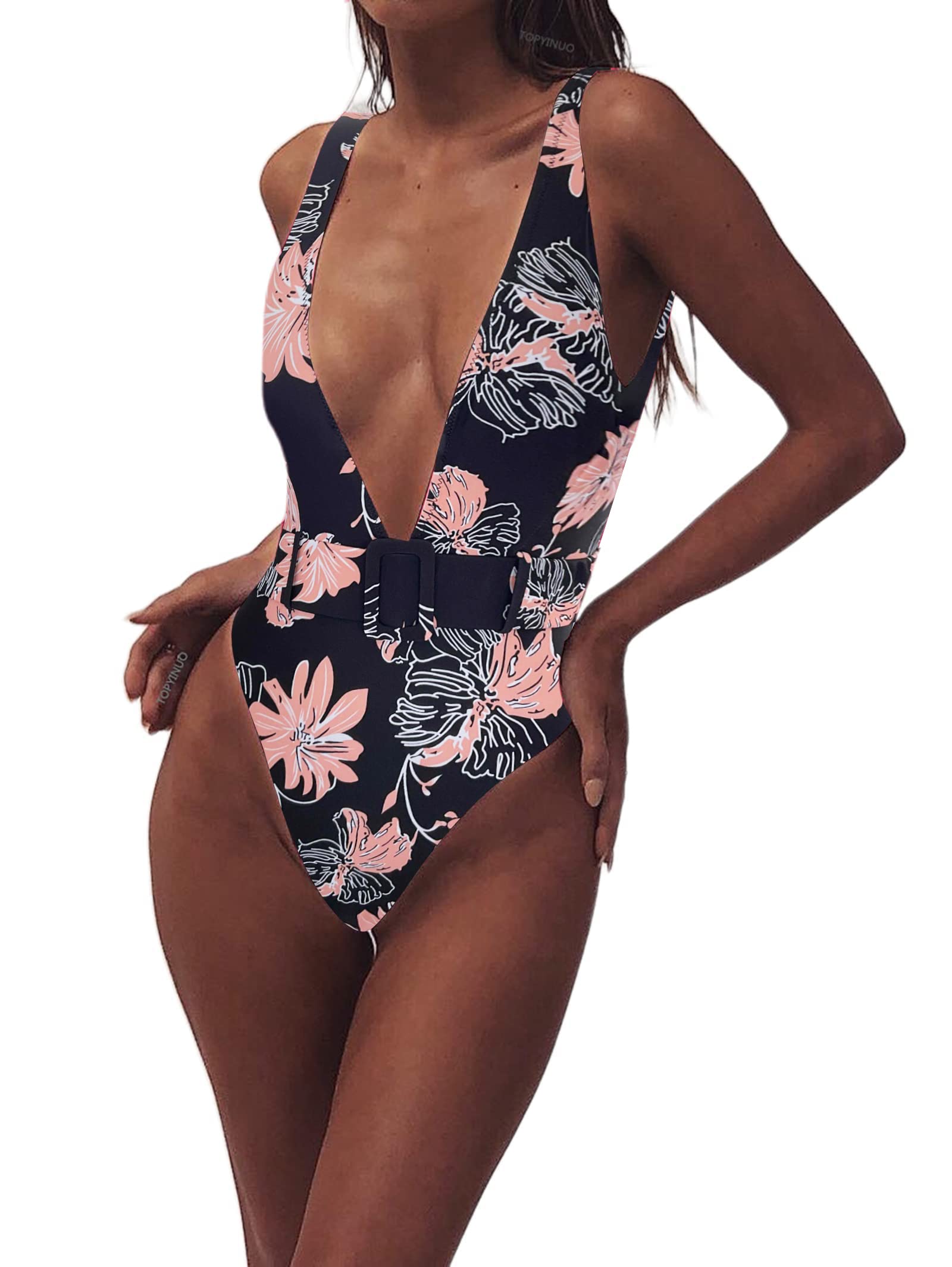 Photo 1 of Avanova Womens Sexy Deep V Neck One Piece Swimsuit Strappy Bathing Suit with Belt Pink Flower Medium