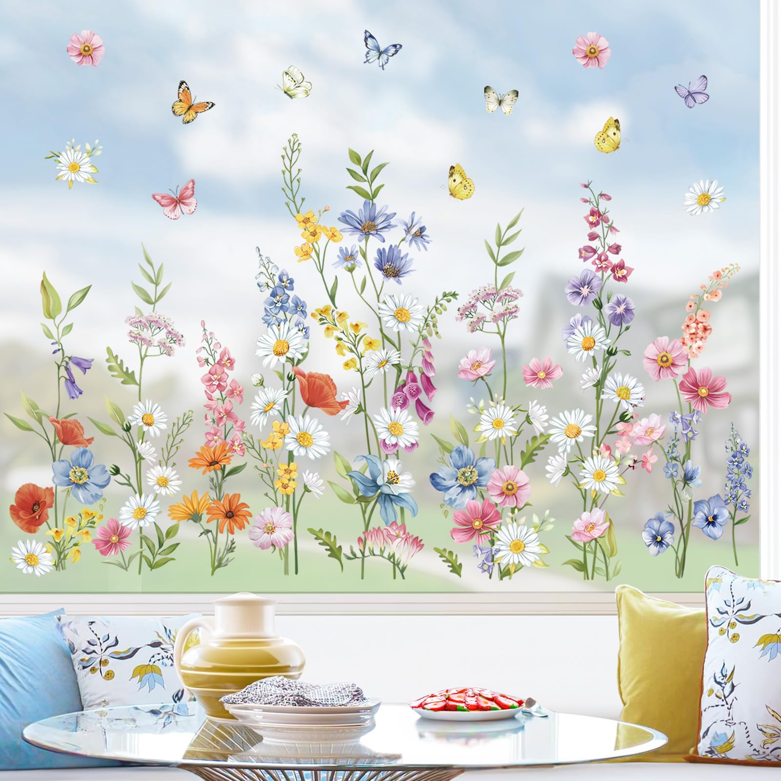 wondever Spring Flower Daisy Window Clings Wildflower Floral Butterfly Glass Sticker Decal Anti Collision Double-Side Static Window Stickers for Home Glass Window