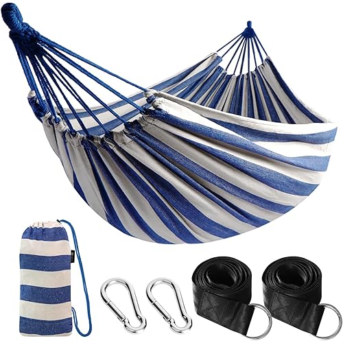 ANYOO Cotton Hammock Portable Camping Hammocks for Hanging Sturdy Garden Comfortable Fabric Hammock with Tree Straps Up to 660lbs with Travel Bag for Camping Outdoor/Indoor Patio Backyard