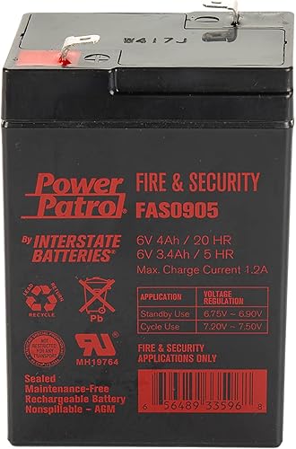Interstate Batteries Batería de seguridad y fuego de 6V 4Ah (terminal F1) SLA AGM VRLA Power Patrol Recargable Reemplazo para alarmas contra