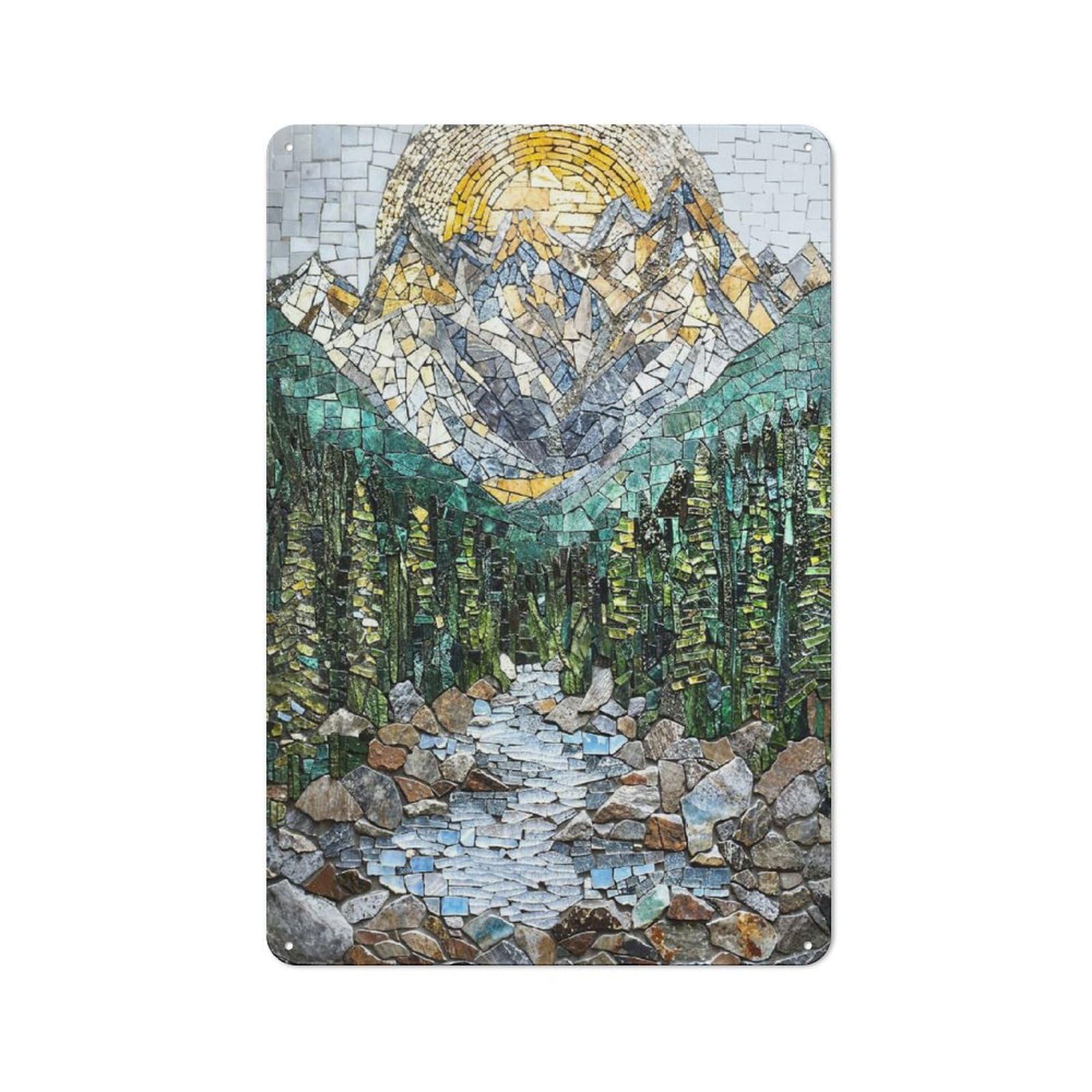 Junmoney Mosaic Mountain Sunrise Tin Sign With Design 30X20cm, Garage Style Garage Wall Decor For Garage, Hobby Room, Office Or Man Cave